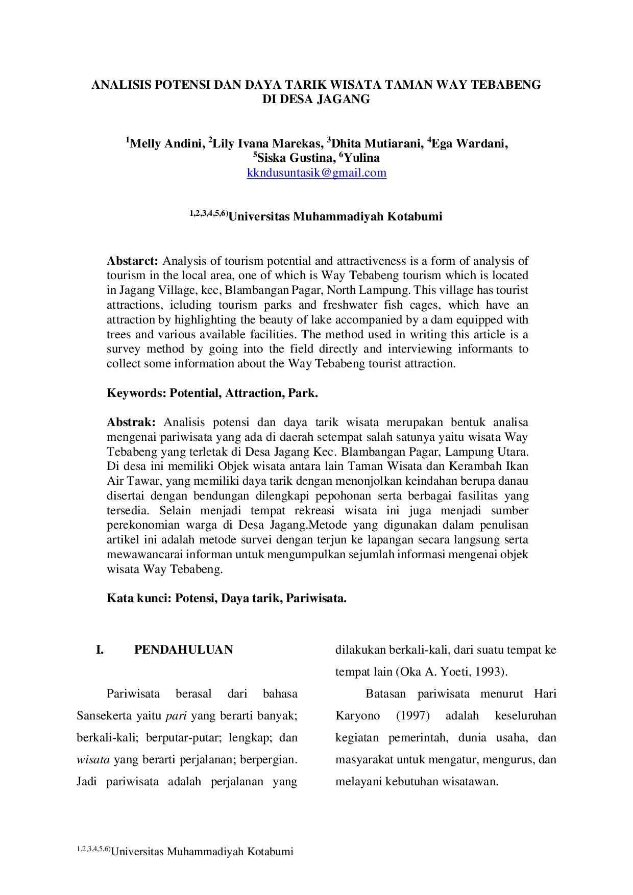 JURIS Analisis Potensi dan Daya Tarik Wisata Taman Way tebabeng di Desa Jagang