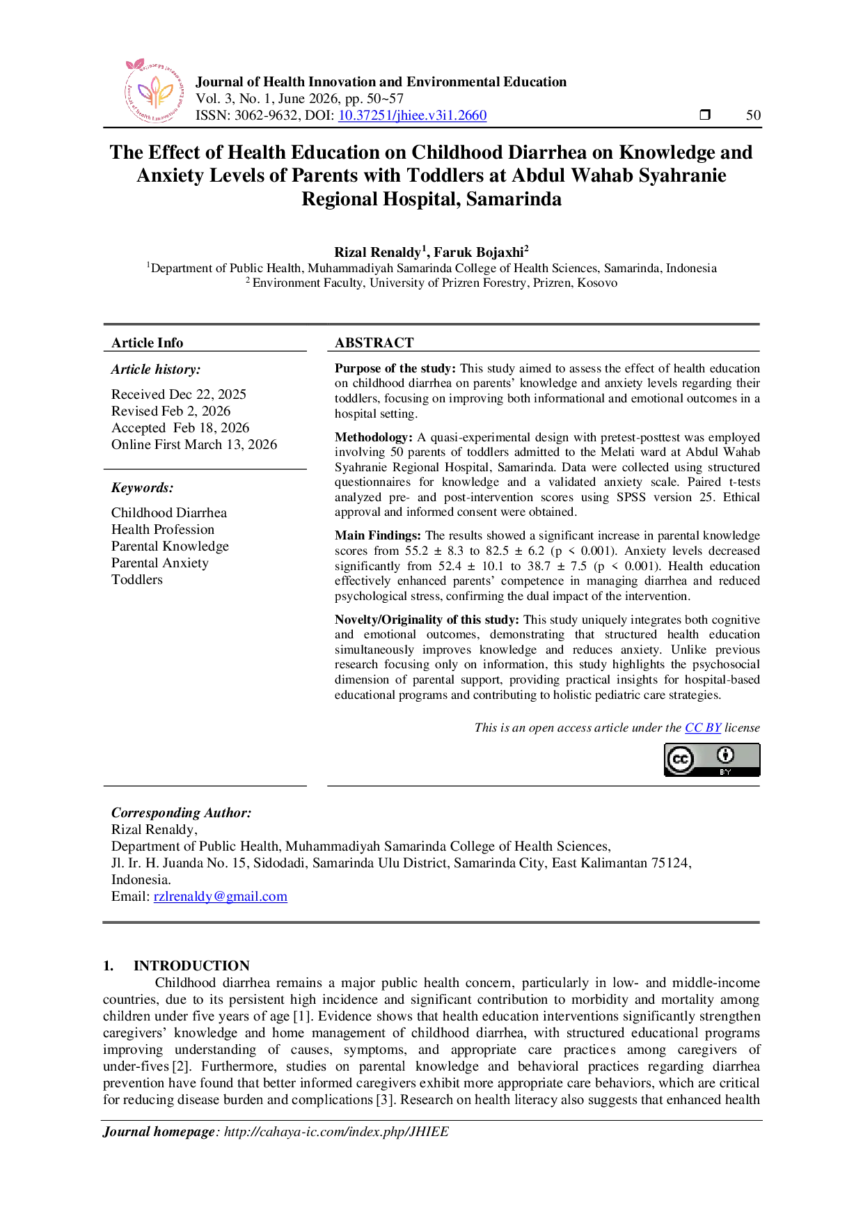 JURIS The Effect of Health Education on Childhood Diarrhea on Knowledge and Anxiety Levels of Parents with Toddlers at Abdul Wahab Syahranie Regional Hospital Samarinda