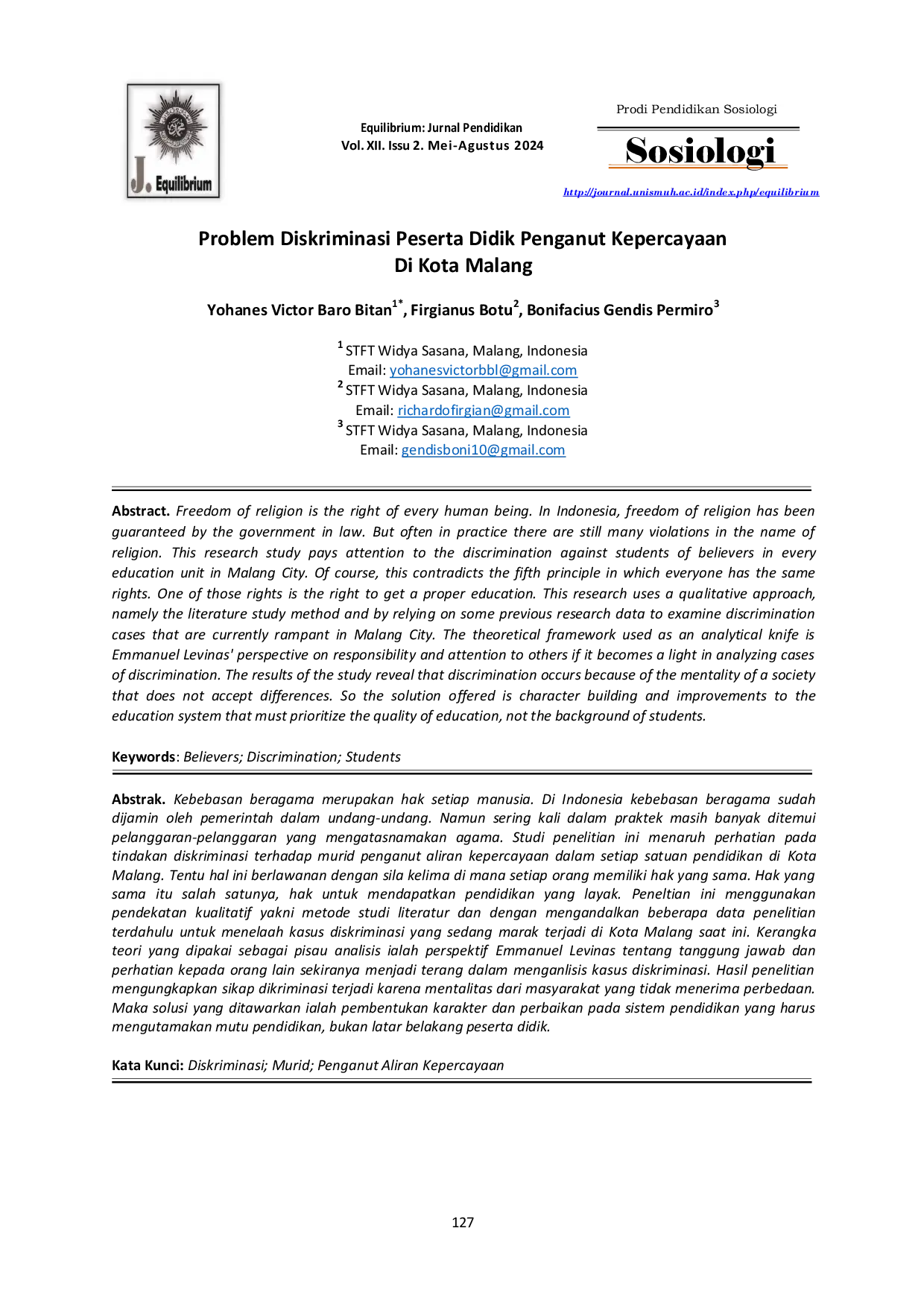 JURIS Problem Diskriminasi Peserta Didik Penganut Kepercayaan di Kota Malang