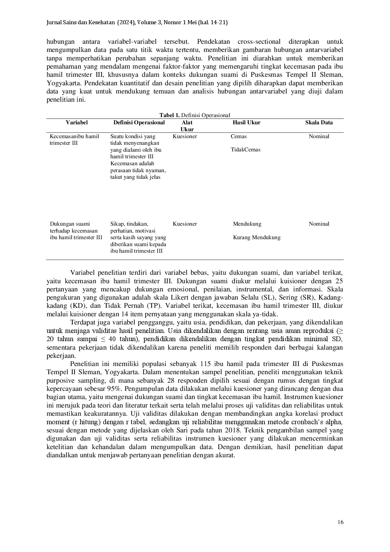 juris Hubungan Dukungan Suami dengan Kecemasan Ibu Hamil Trimester III di Puskesmas Tempel II Sleman Yogyakarta