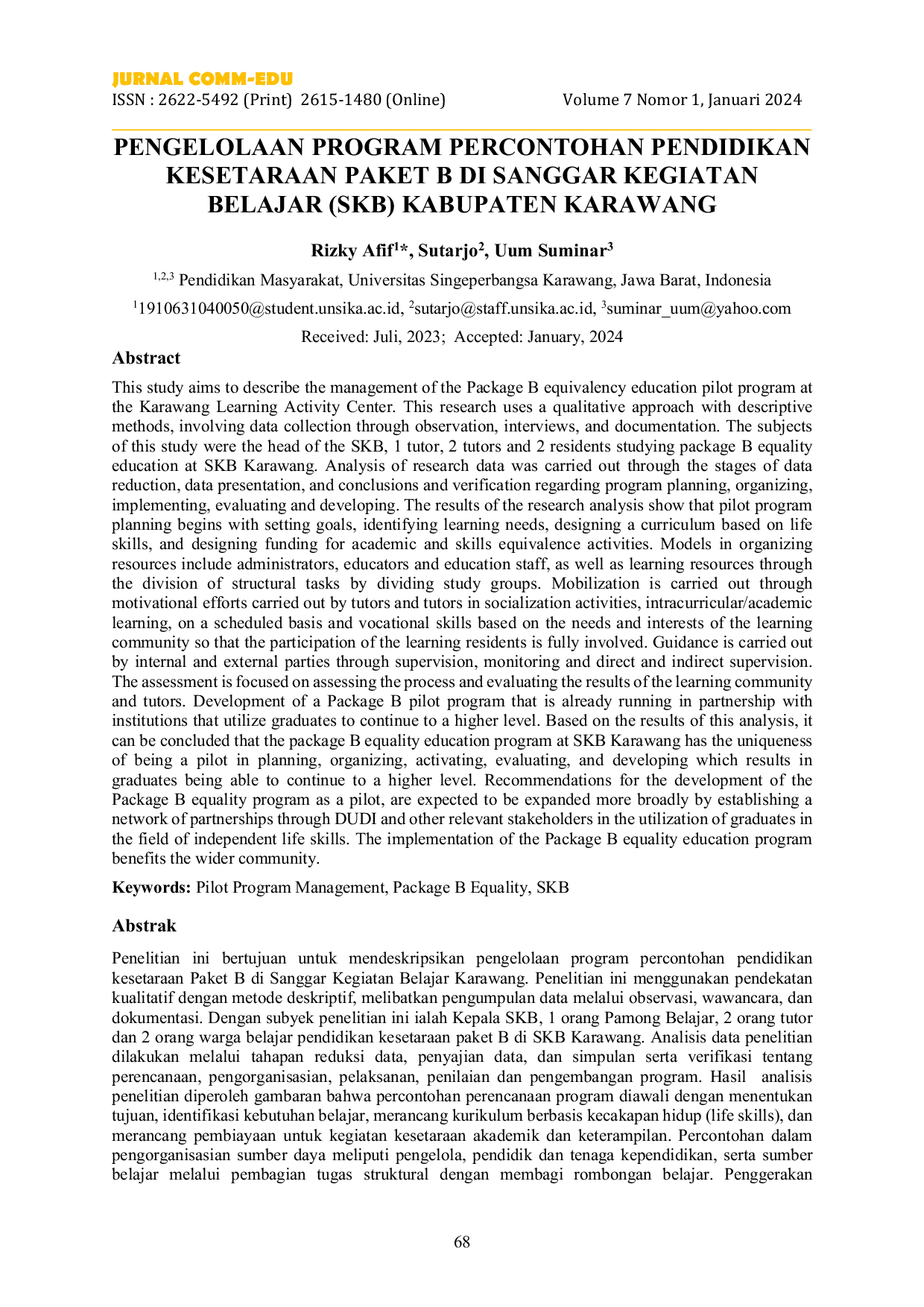 JURIS Pengelolaan Program Percontohan Pendidikan Kesetaraan Paket B Di Sanggar Kegiatan Belajar SKB Kabupaten Karawang