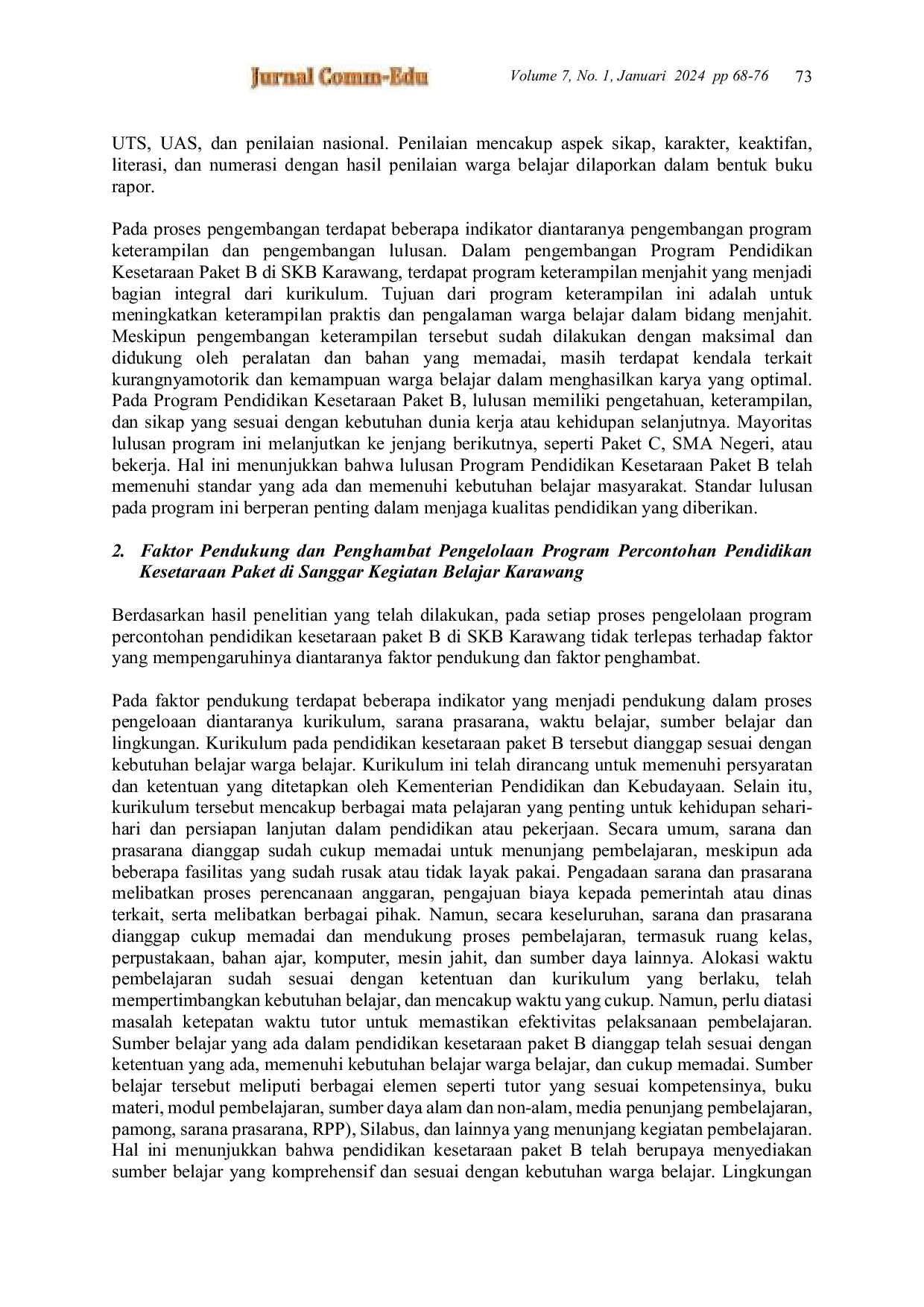 JURIS Pengelolaan Program Percontohan Pendidikan Kesetaraan Paket B Di Sanggar Kegiatan Belajar SKB Kabupaten Karawang