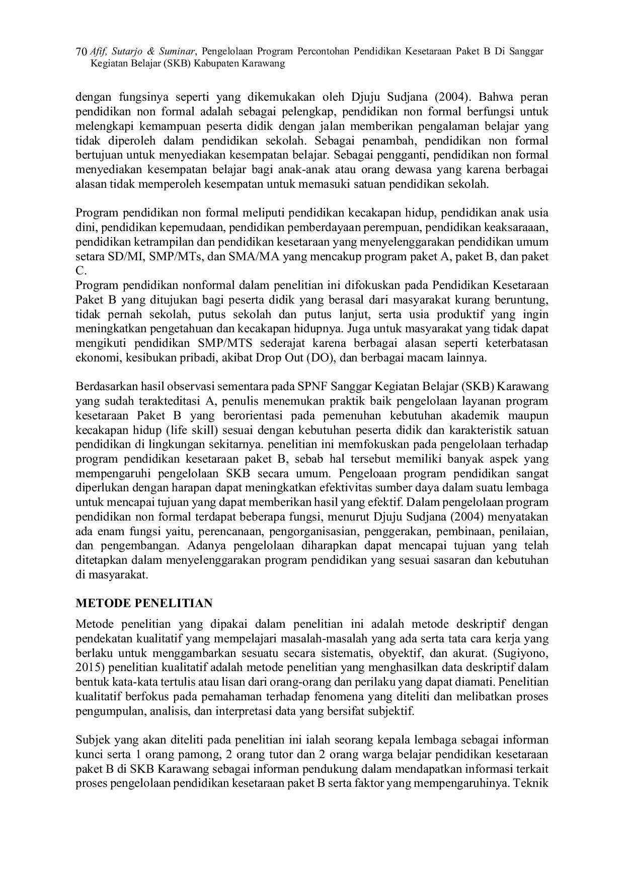 JURIS Pengelolaan Program Percontohan Pendidikan Kesetaraan Paket B Di Sanggar Kegiatan Belajar SKB Kabupaten Karawang