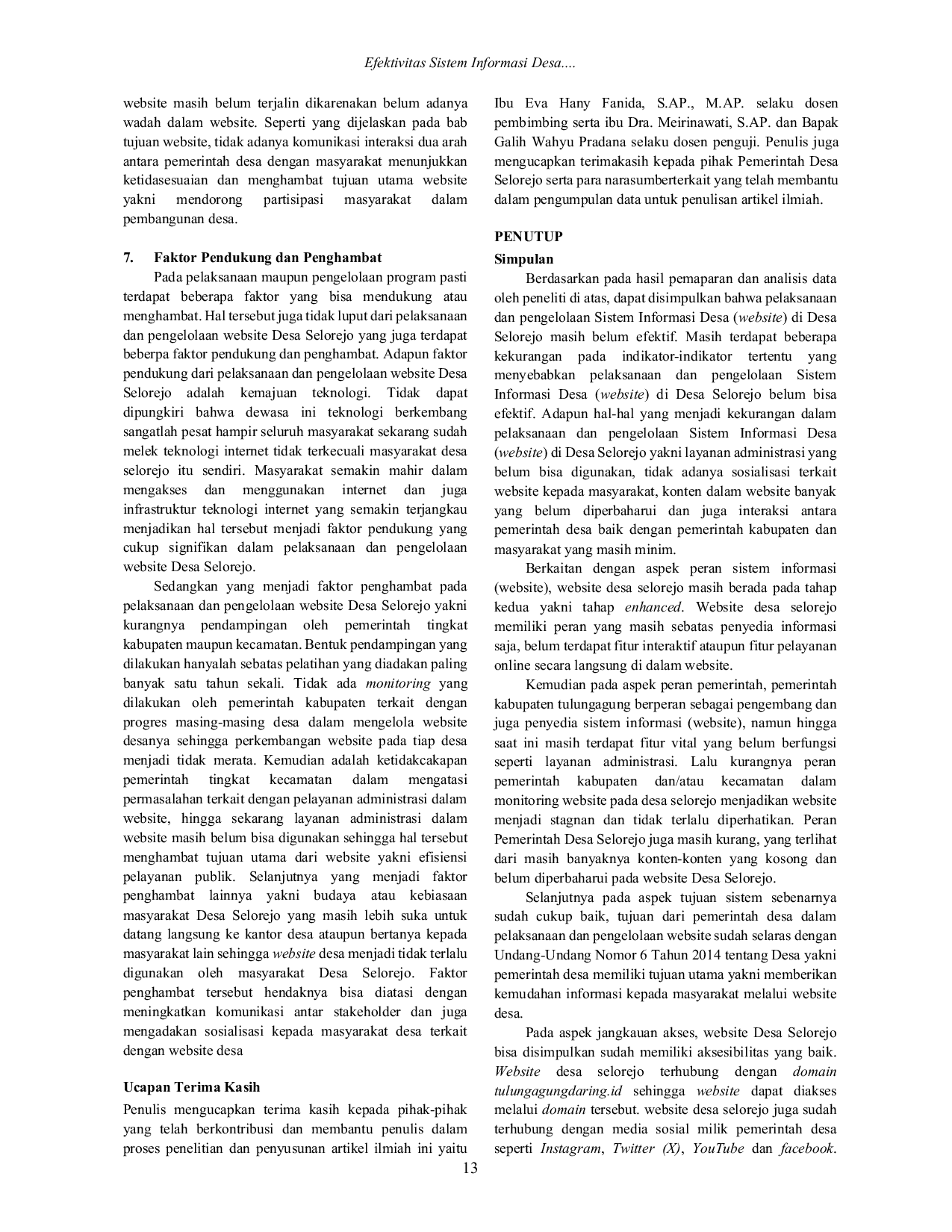 JURIS Efektivitas Sistem Informasi Desa SID di Desa Selorejo Kecamatan Ngunut Kabupaten Tulungagung