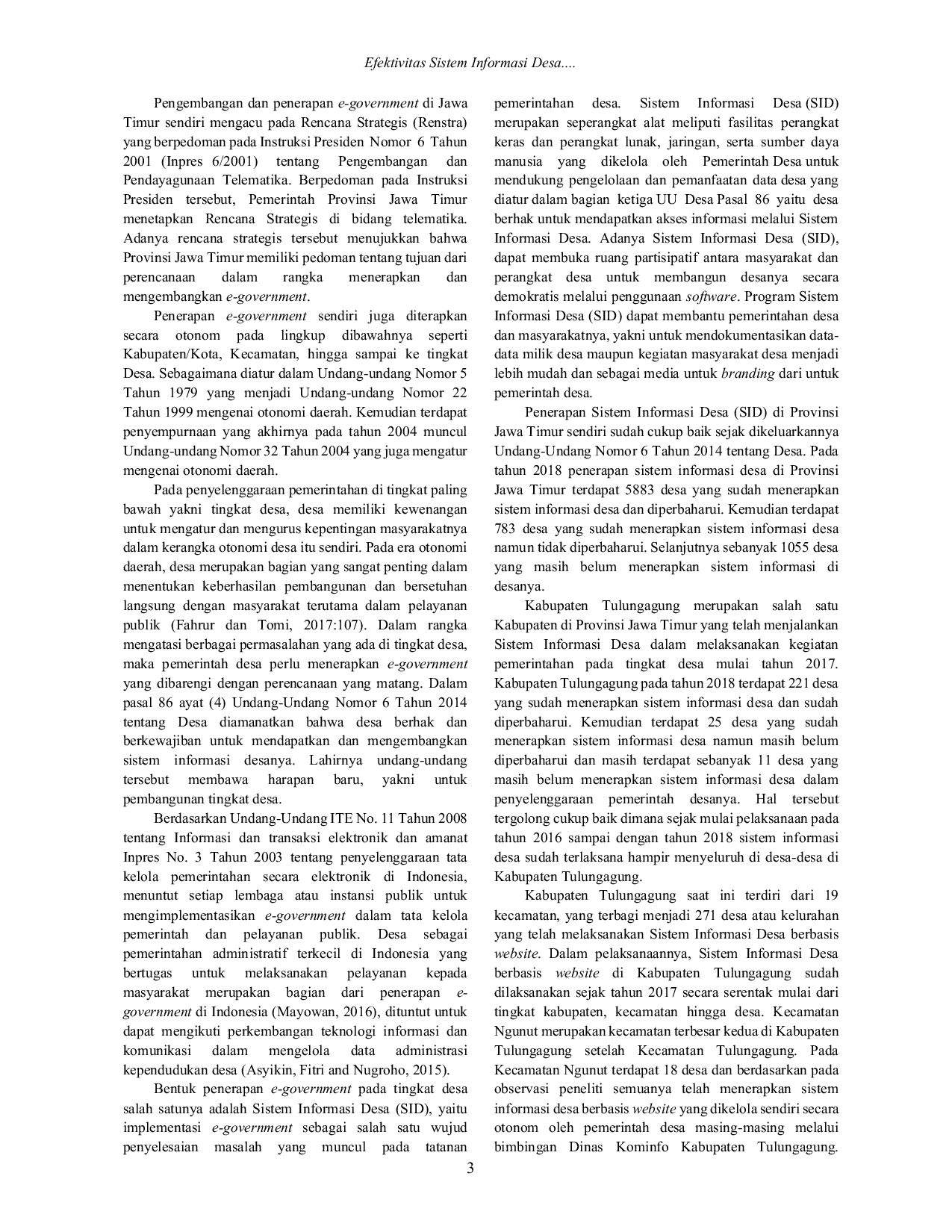 JURIS Efektivitas Sistem Informasi Desa SID di Desa Selorejo Kecamatan Ngunut Kabupaten Tulungagung