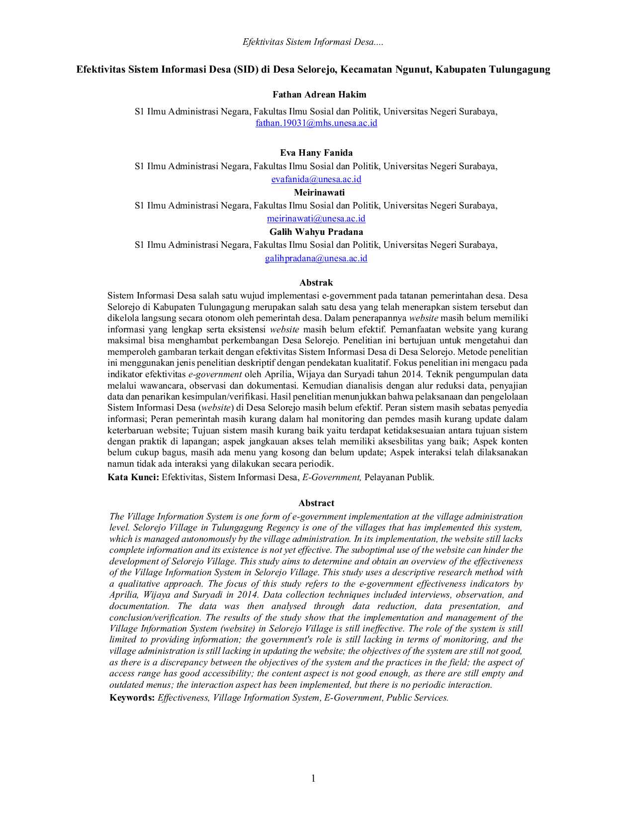 JURIS Efektivitas Sistem Informasi Desa SID di Desa Selorejo Kecamatan Ngunut Kabupaten Tulungagung