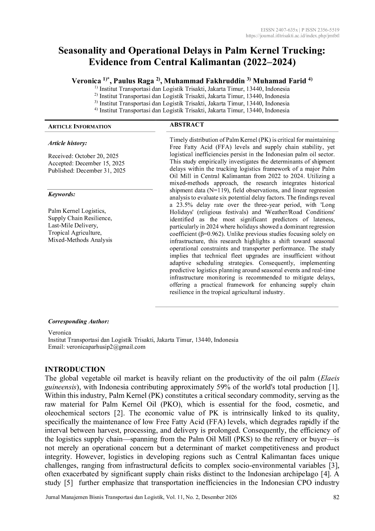 JURIS Seasonality and Operational Delays in Palm Kernel Trucking Evidence from Central Kalimantan 2022 2024