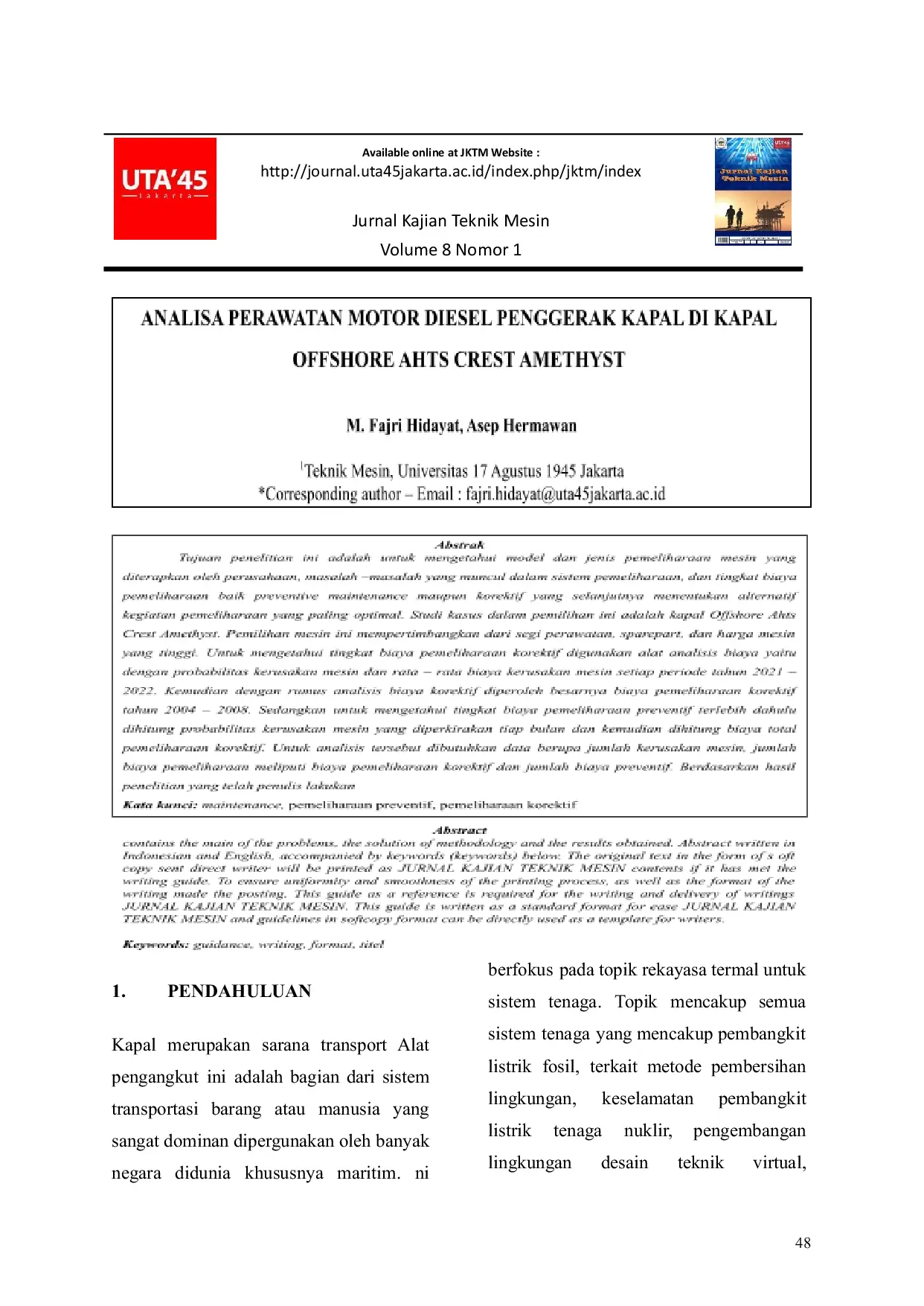 JURIS Analisa Perawatan Motor Diesel Penggerak Kapal Di Kapal Offshore AHTS Crest Amethyst