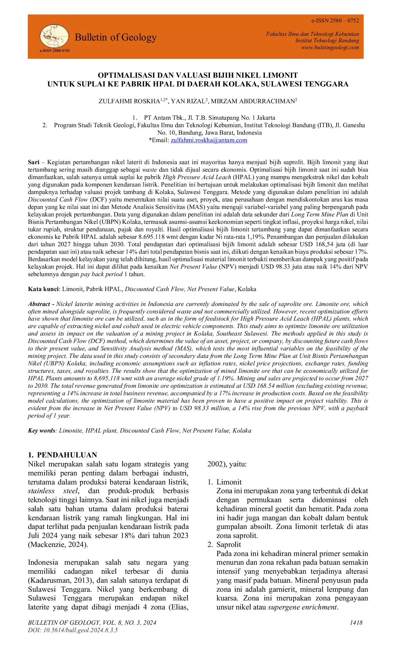 JURIS OPTIMALISASI DAN VALUASI BIJIH NIKEL LIMONIT UNTUK SUPLAI KE PABRIK HPAL DI DAERAH KOLAKA SULAWESI TENGGARA