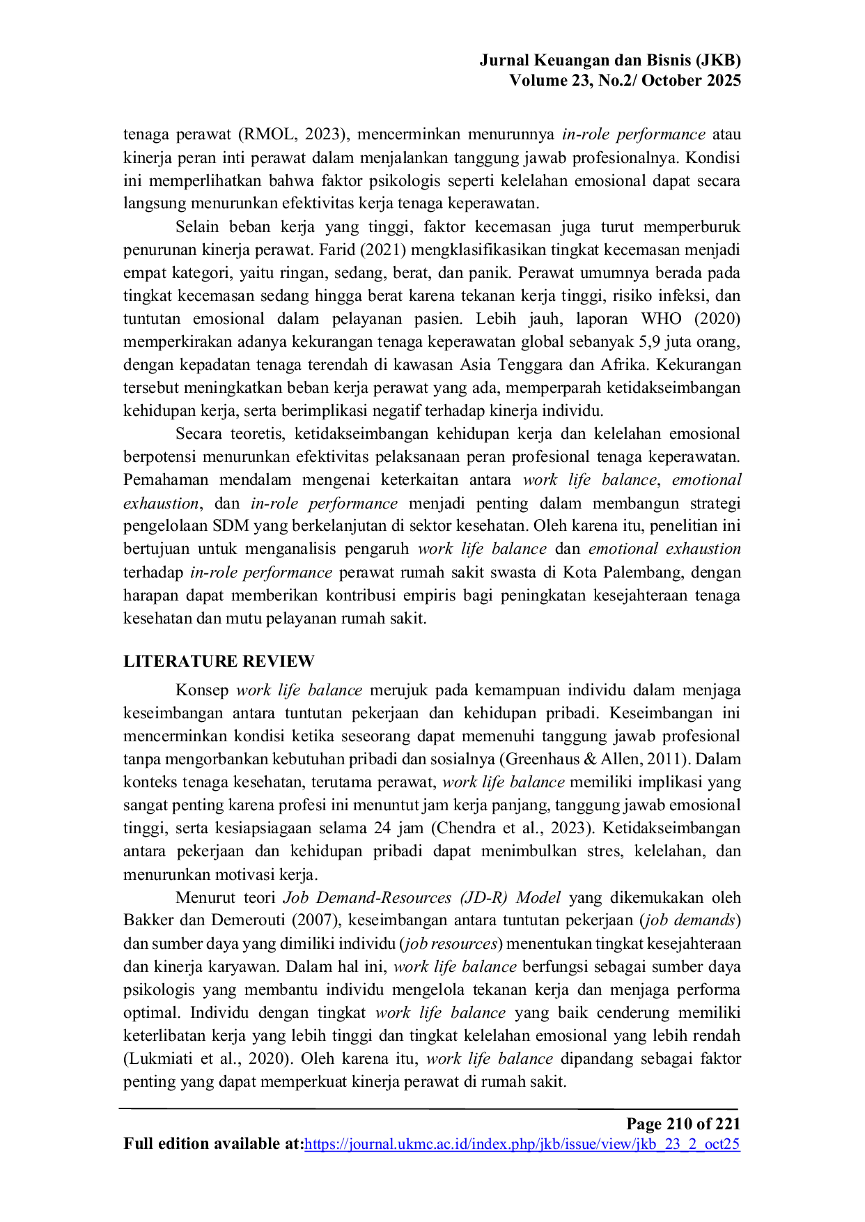 JURIS Keseimbangan Hidup dan Kelelahan Emosional sebagai Penentu Kinerja Perawat Rumah Sakit Swasta