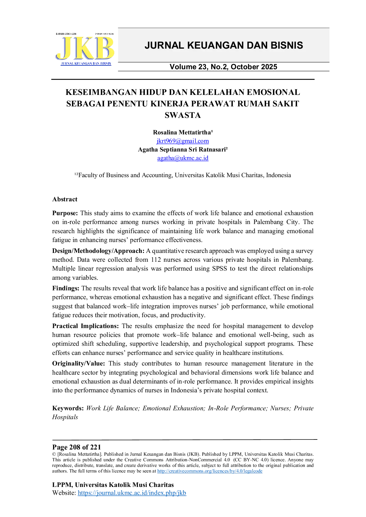 JURIS Keseimbangan Hidup dan Kelelahan Emosional sebagai Penentu Kinerja Perawat Rumah Sakit Swasta