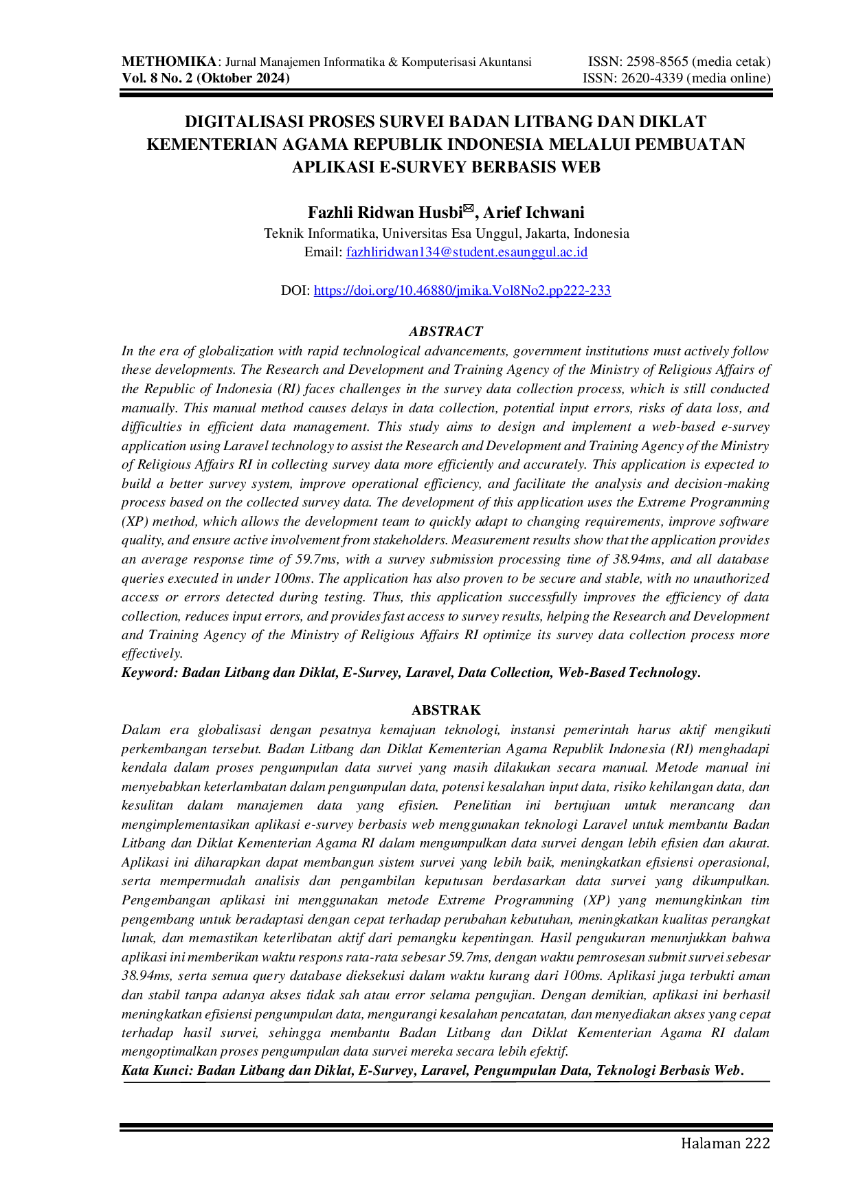 JURIS Digitalisasi Proses Survei Badan Litbang dan Diklat Kementerian Agama Republik Indonesia Melalui Pembuatan Aplikasi E Survey Berbasis Web