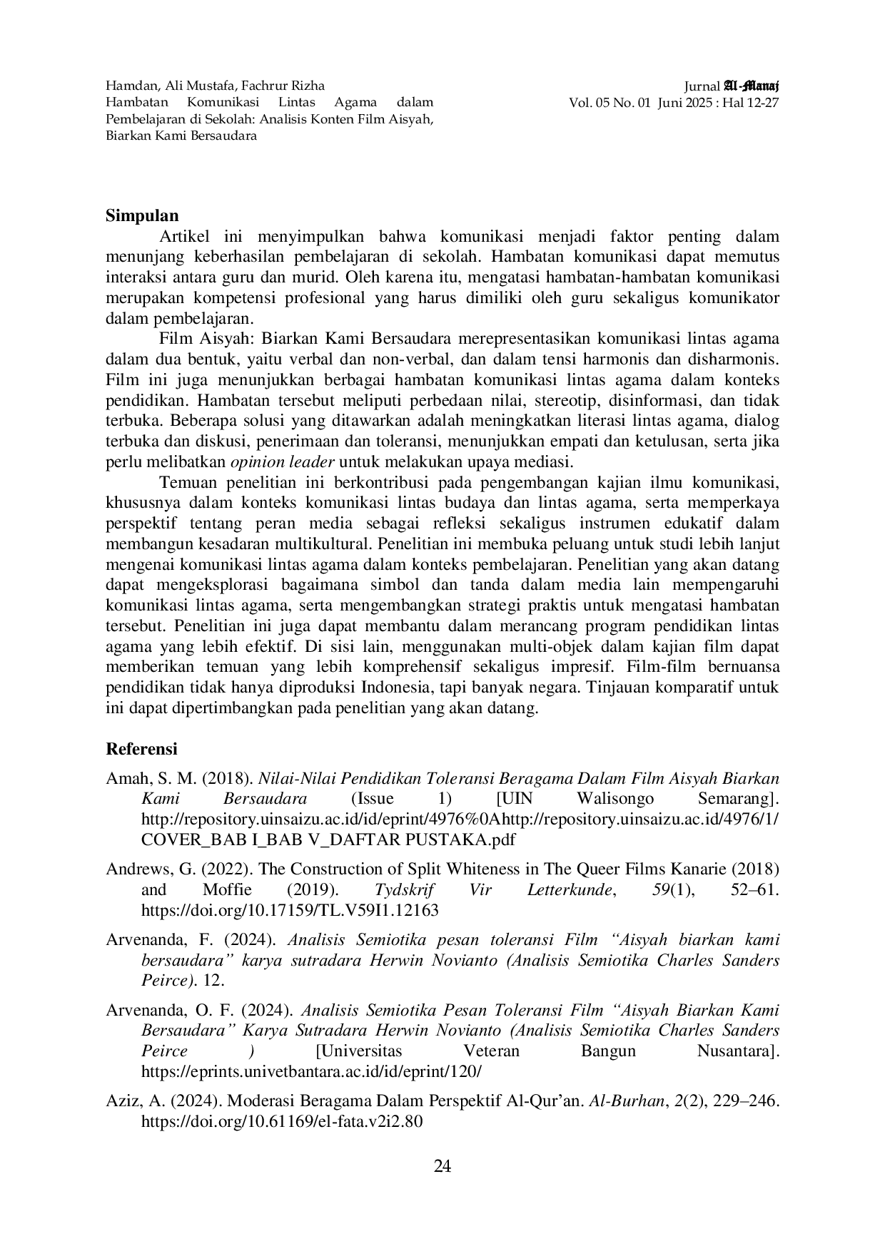 JURIS Hambatan Komunikasi Lintas Agama dalam Pembelajaran di Sekolah Analisis Konten Film Aisyah Biarkan Kami Bersaudara