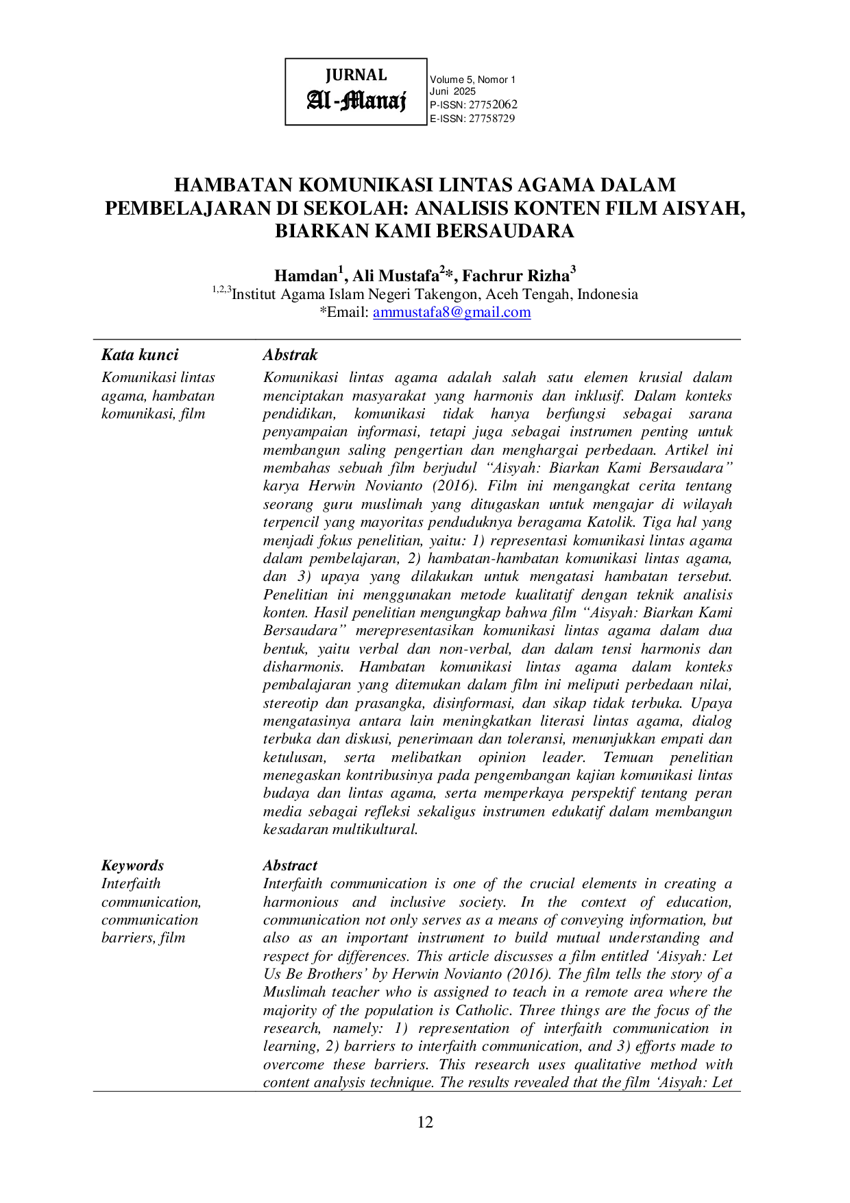 JURIS Hambatan Komunikasi Lintas Agama dalam Pembelajaran di Sekolah Analisis Konten Film Aisyah Biarkan Kami Bersaudara