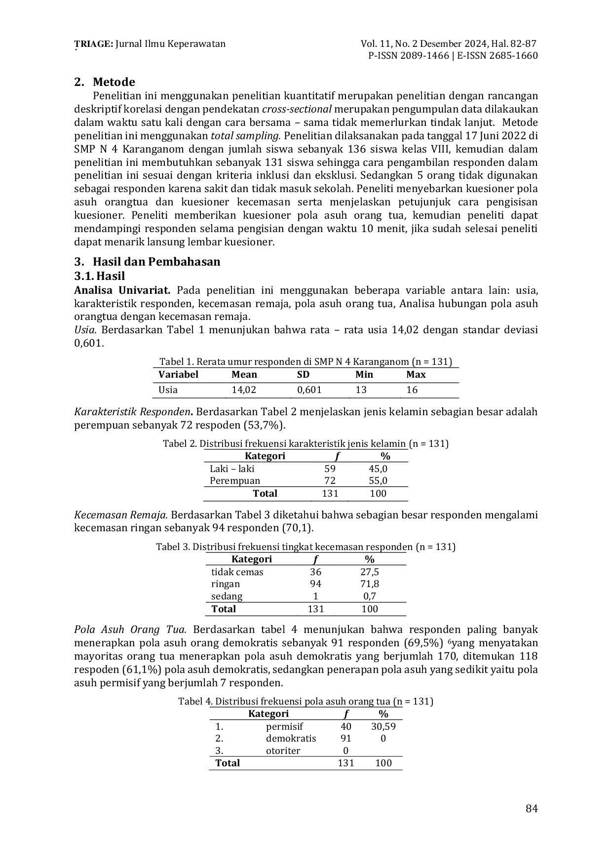 JURIS Peran Pola Asuh Orang Tua dengan Tingkat Kecemasan Remaja Sekolah Selama Pendidikan Daring di Masa Pandemi Covid 19