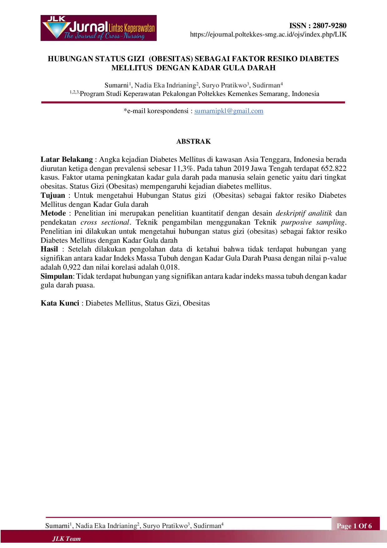 JURIS Hubungan Status Gizi Obesitas Sebagai Faktor Resiko Diabetes Mellitus dengan Kadar Gula Darah