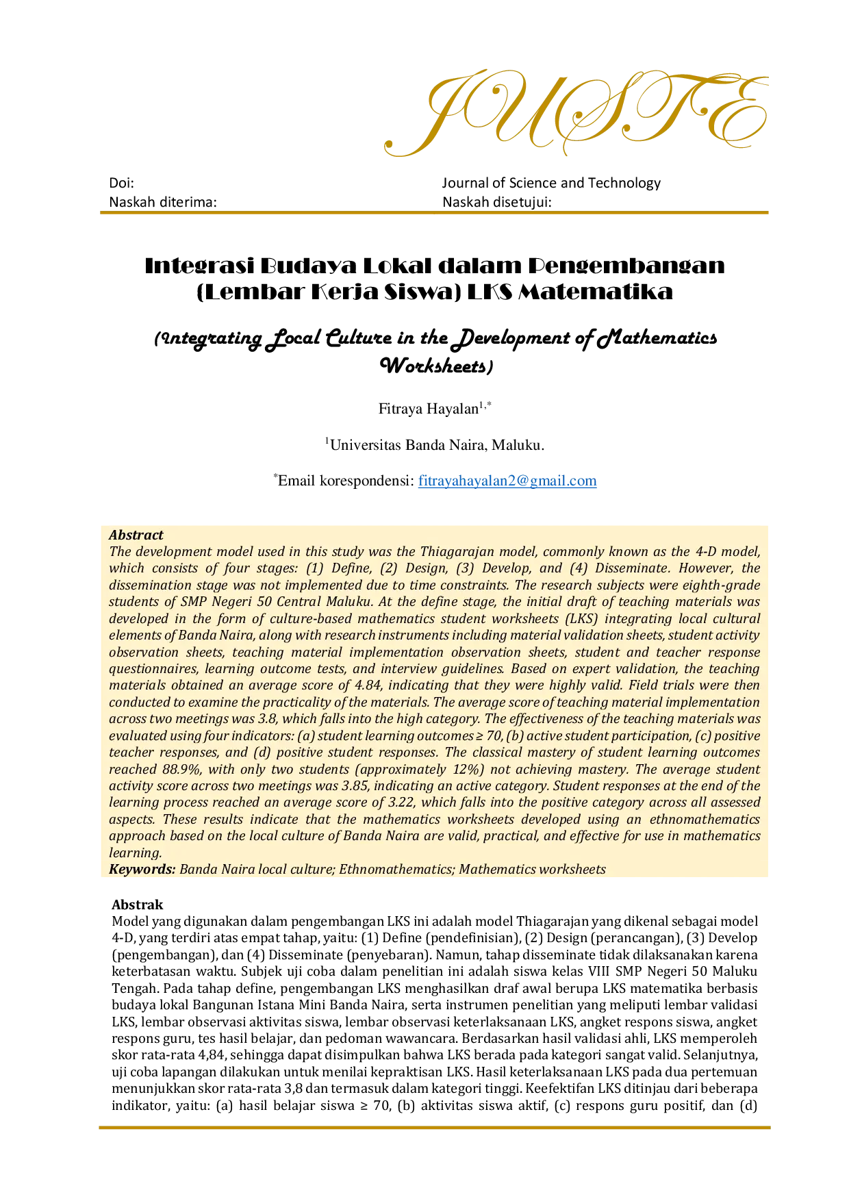 JURIS Integrasi Budaya Lokal dalam Pengembangan Lembar Kerja Siswa LKS Matematika