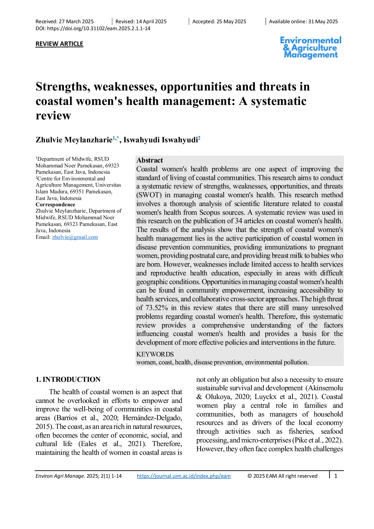 JURIS Strengths weaknesses opportunities and threats in coastal women s health management A systematic review