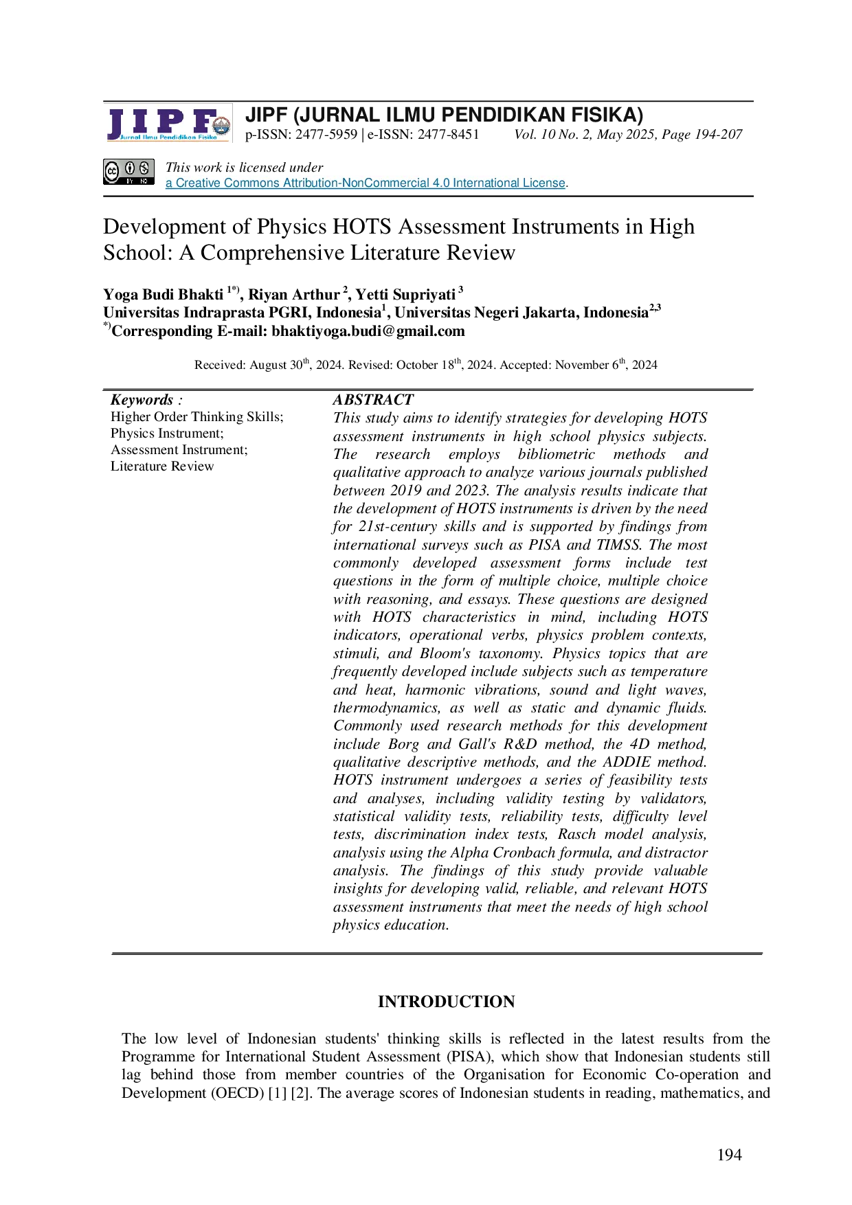 JURIS Development of Physics HOTS Assessment Instruments in High School A Comprehensive Literature Review