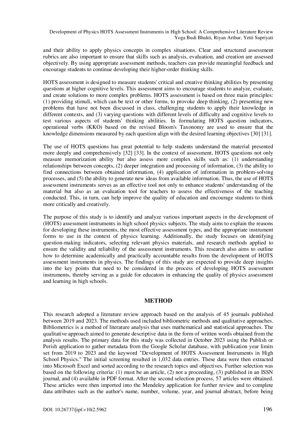 JURIS Development of Physics HOTS Assessment Instruments in High School A Comprehensive Literature Review