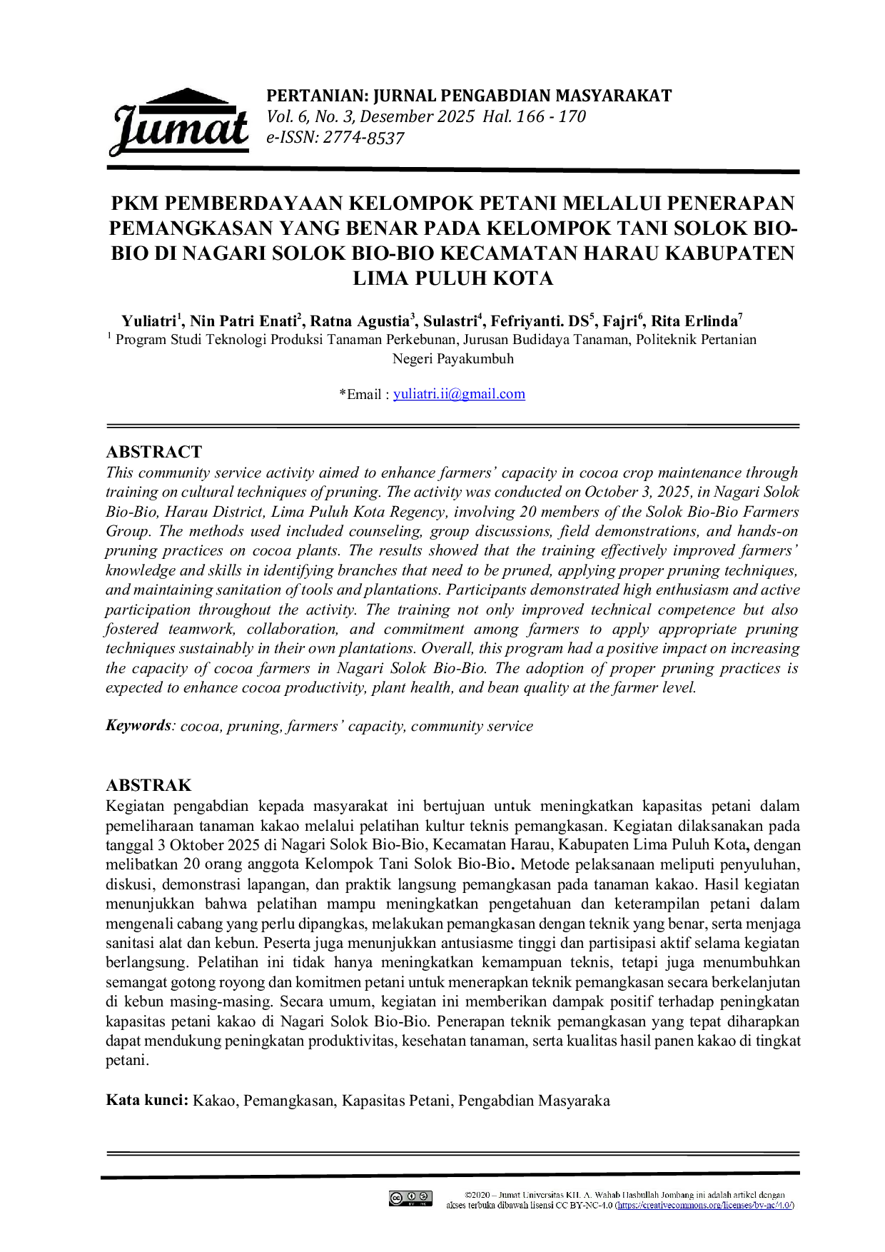 JURIS Pkm Pemberdayaan Kelompok Petani Melalui Penerapan Pemangkasan Yang Benar Pada Kelompok Tani Solok Bio Bio Di Nagari Solok Bio Bio Kecamatan Harau Kabupaten Lima Puluh Kota