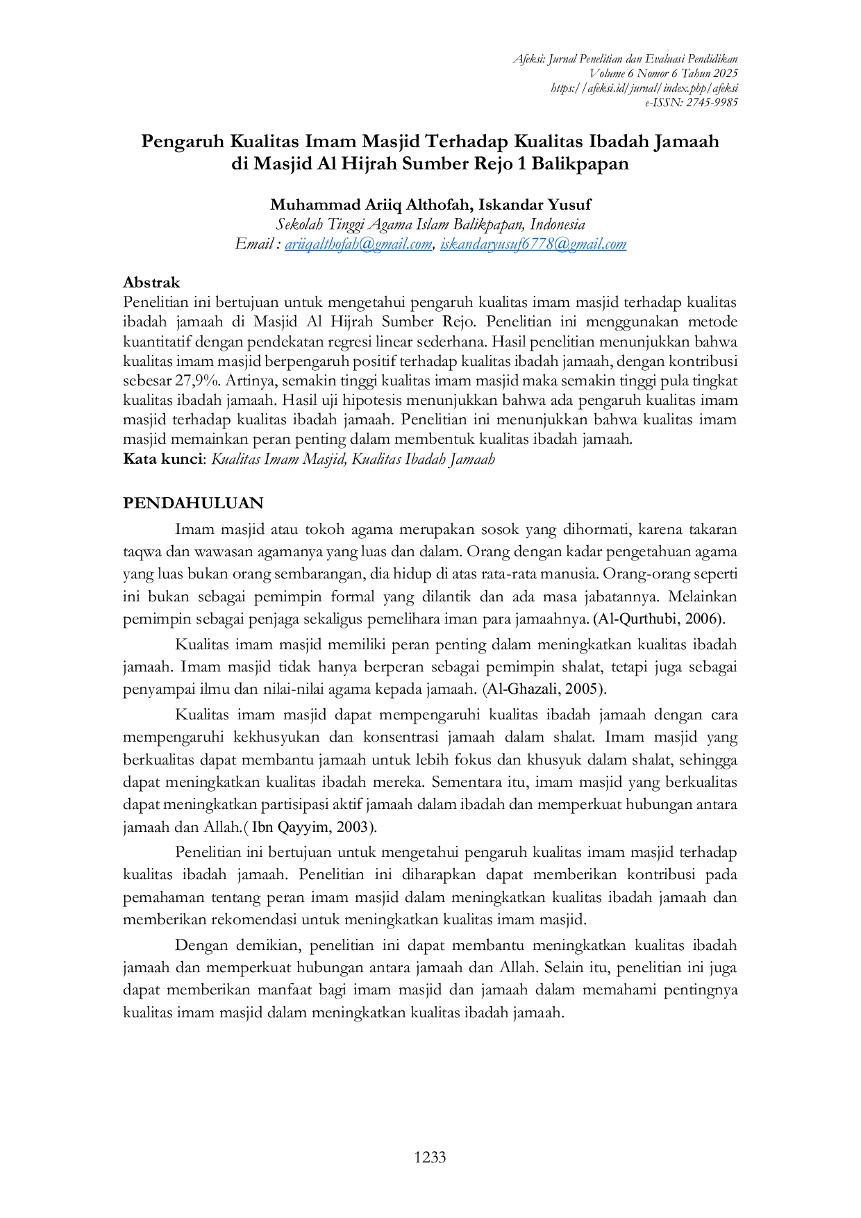 JURIS Pengaruh Kualitas Imam Masjid Terhadap Kualitas Ibadah Jamaah di Masjid Al Hijrah Sumber Rejo 1 Balikpapan