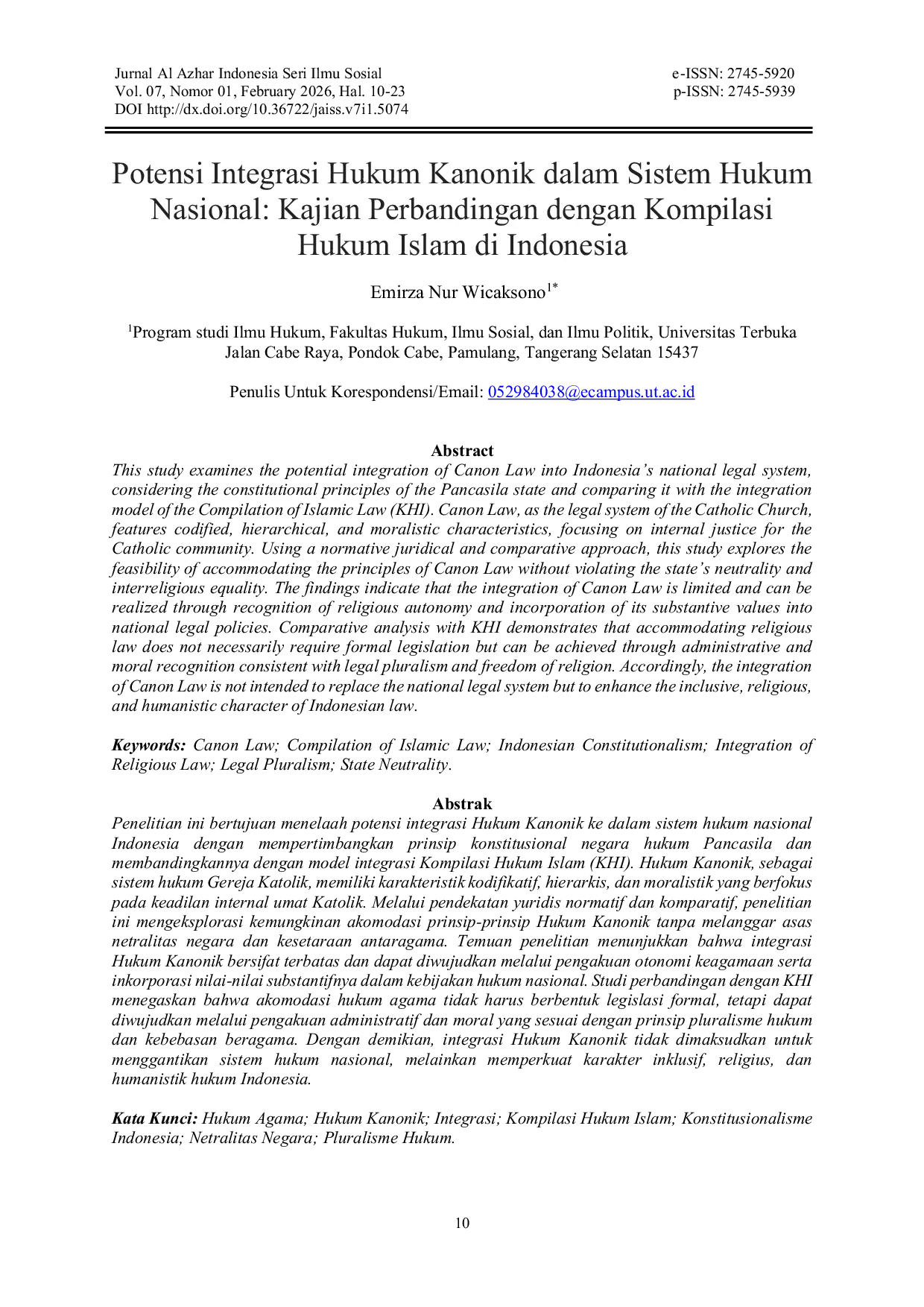 JURIS Potensi Integrasi Hukum Kanonik dalam Sistem Hukum Nasional Kajian Perbandingan dengan Kompilasi Hukum Islam di Indonesia