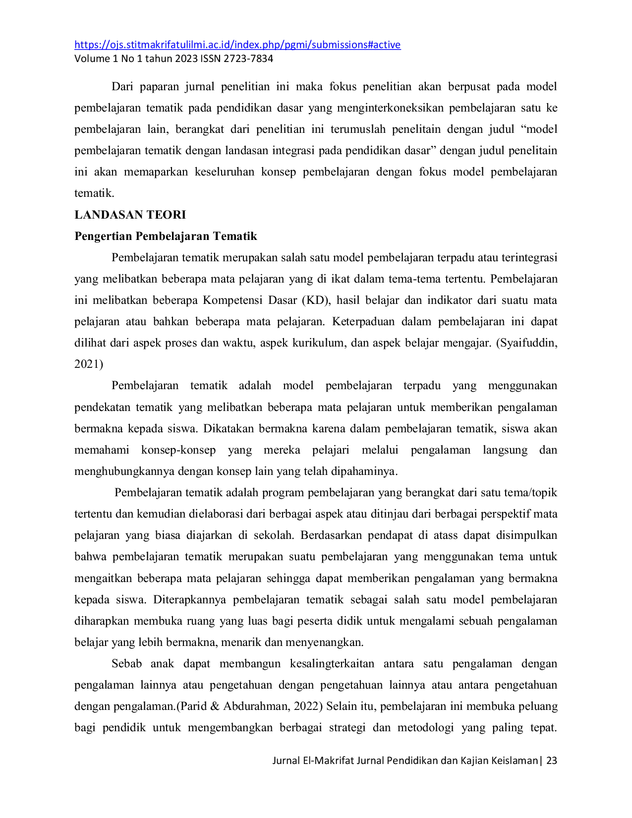 JURIS Model Pembelajaran Tematik Dengan Landasan Integrasi Pembelajaran Pada Pendidikan Dasar