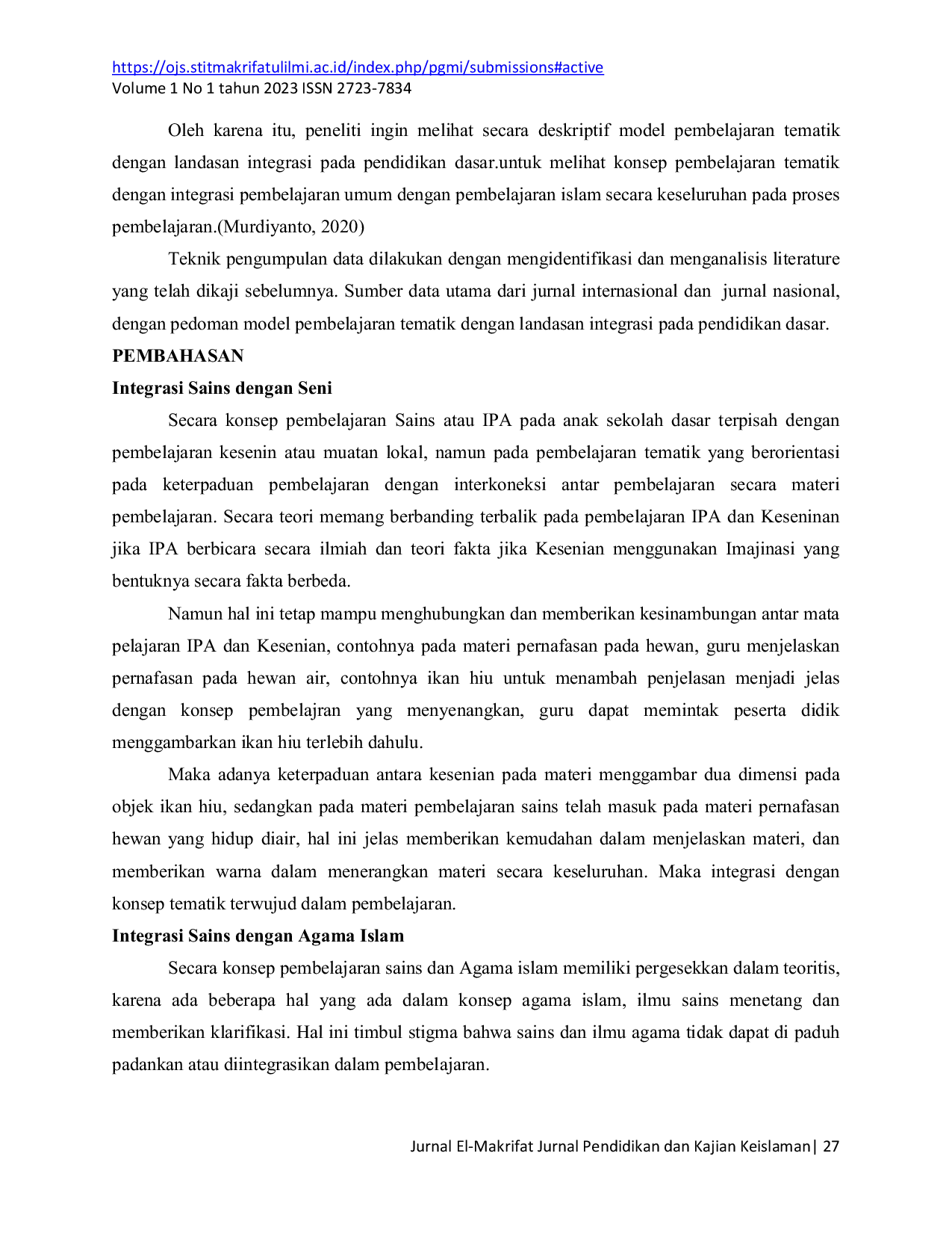 JURIS Model Pembelajaran Tematik Dengan Landasan Integrasi Pembelajaran Pada Pendidikan Dasar