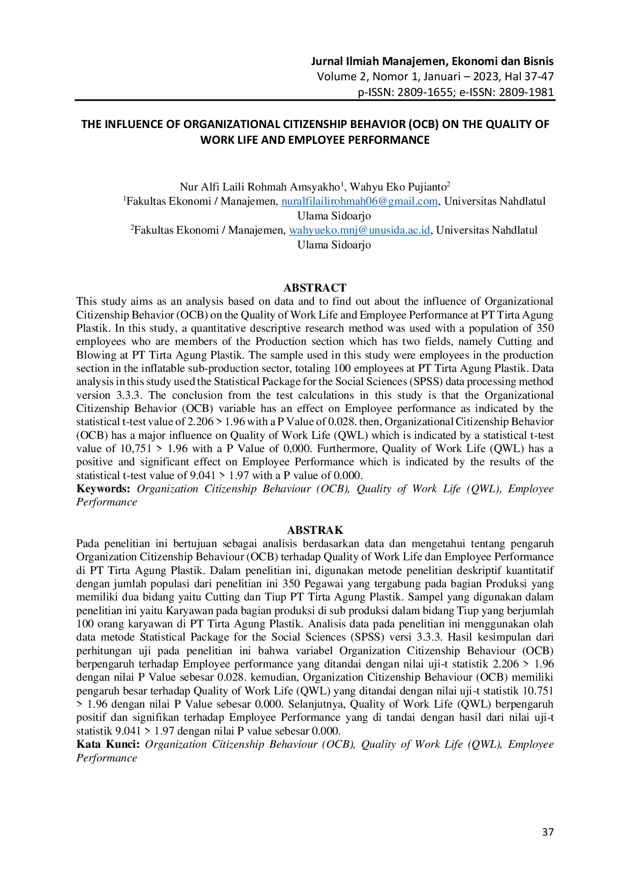 JURIS The Influence of Organizational Citizenship Behavior OCB on the Quality of Work Life and Employee Performance