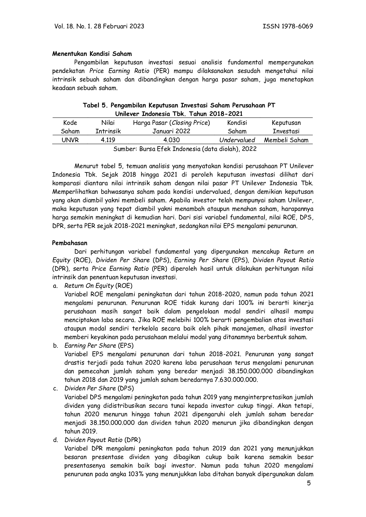 JURIS Analisis Keputusan Investasi Saham Dengan Pendekatan Price Earning Ratio Pada Pt Unilever Indonesia Tbk Tahun 2018 2021