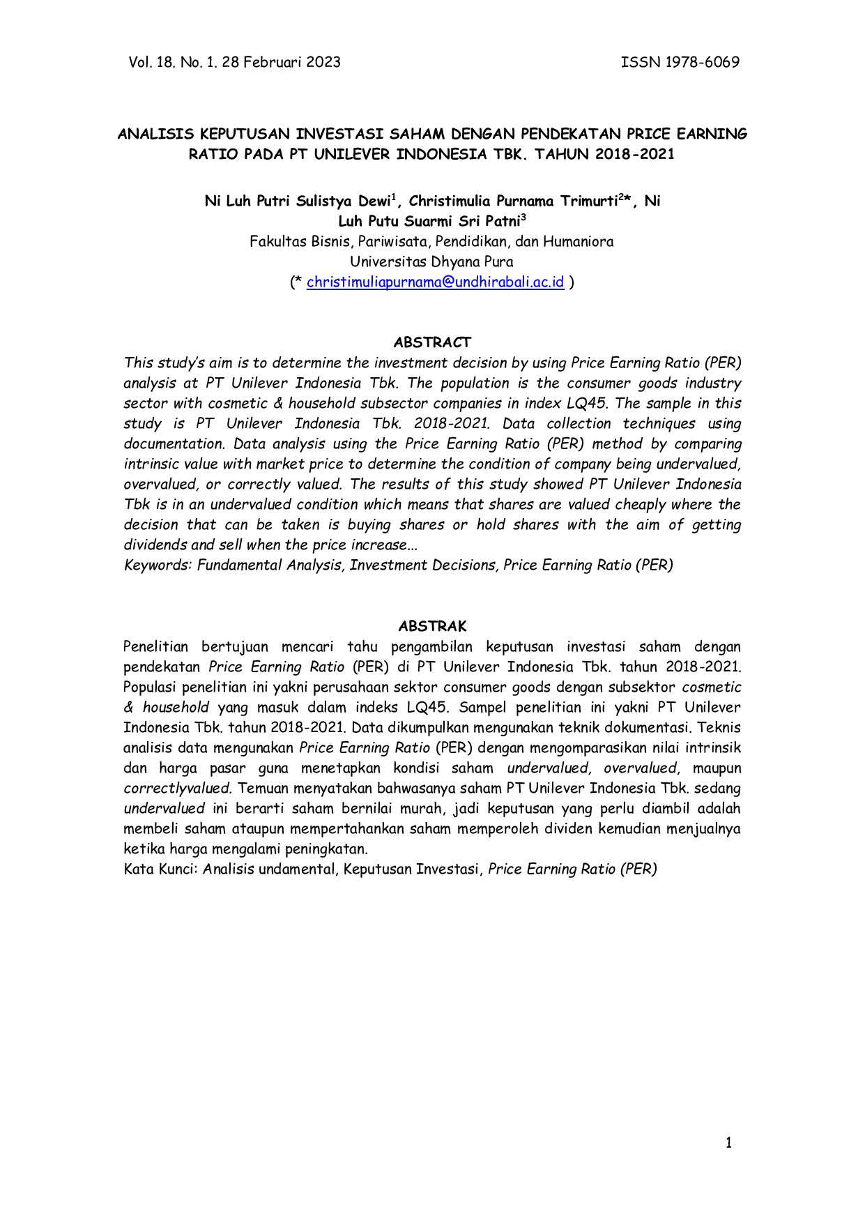 JURIS Analisis Keputusan Investasi Saham Dengan Pendekatan Price Earning Ratio Pada Pt Unilever Indonesia Tbk Tahun 2018 2021