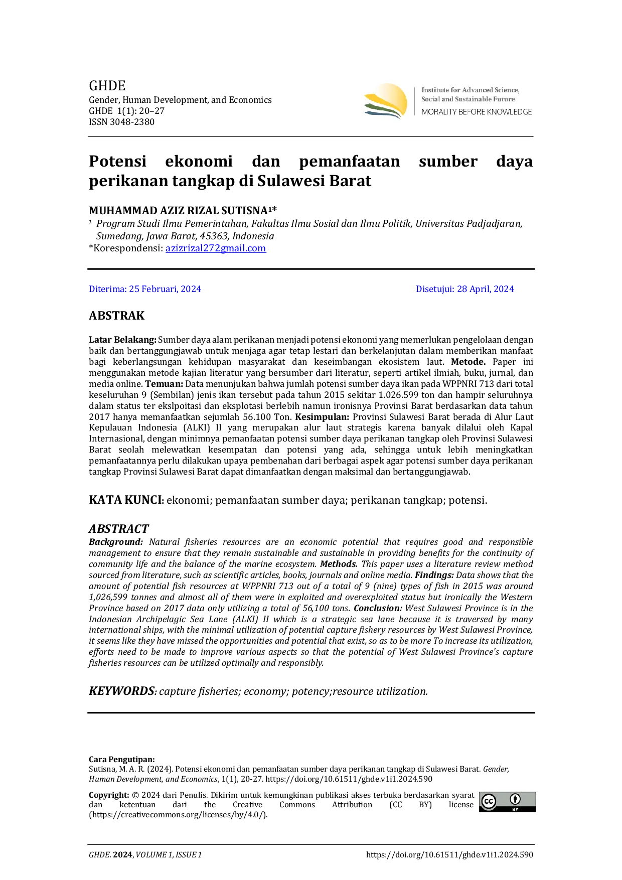 JURIS Potensi ekonomi dan pemanfaatan sumber daya perikanan tangkap di Sulawesi Barat
