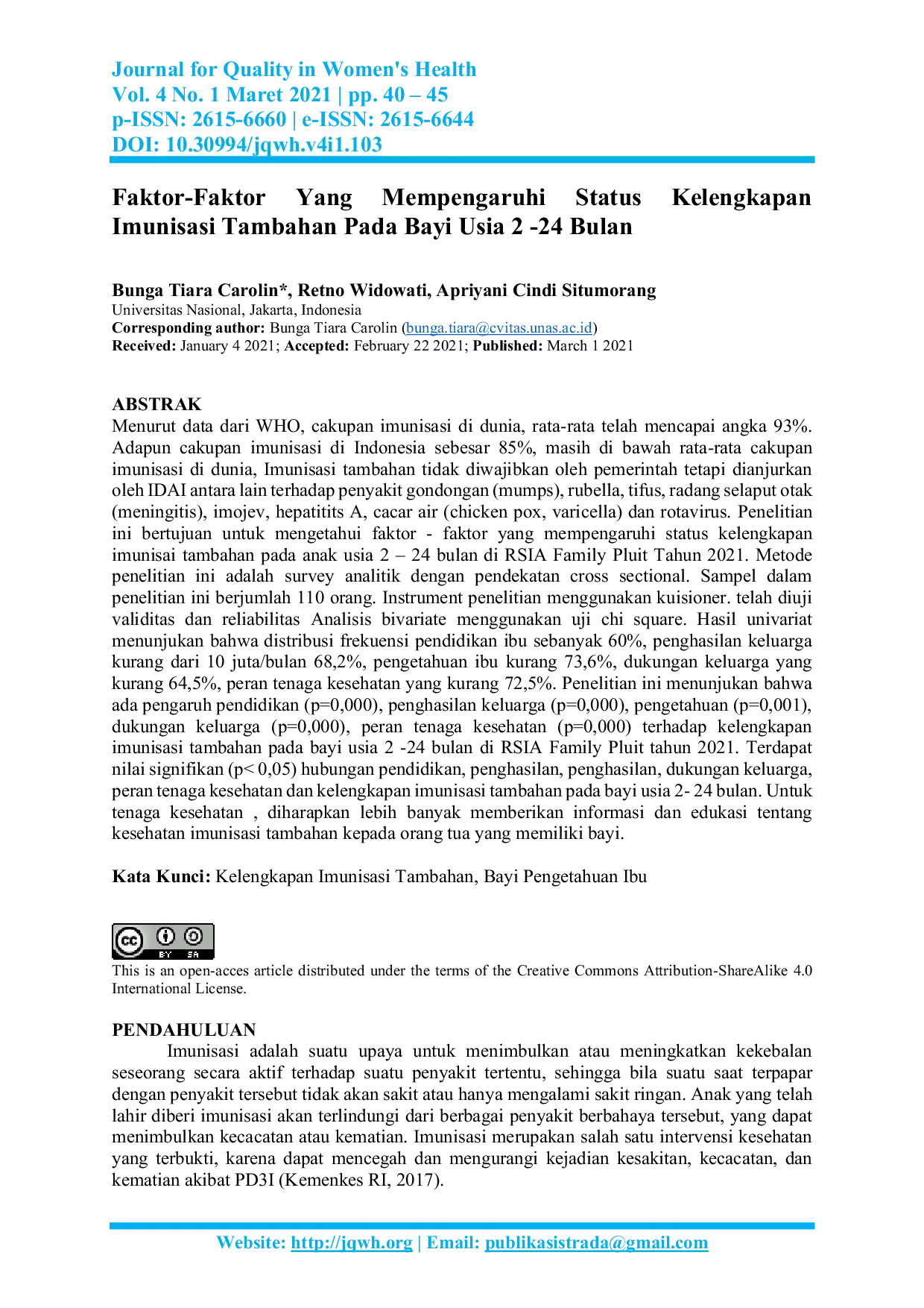 JURIS Faktor Faktor Yang Mempengaruhi Status Kelengkapan Imunisasi Tambahan Pada Bayi Usia 2 24 Bulan