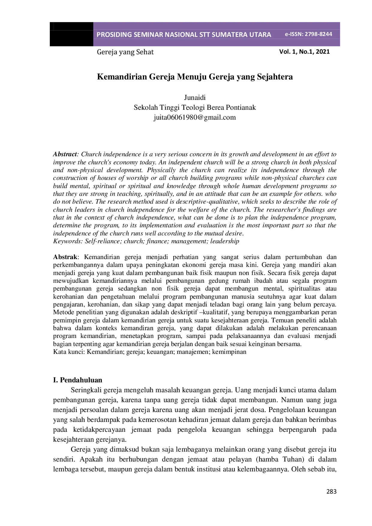 JURIS Kemandirian Gereja Menuju Gereja yang Sejahtera