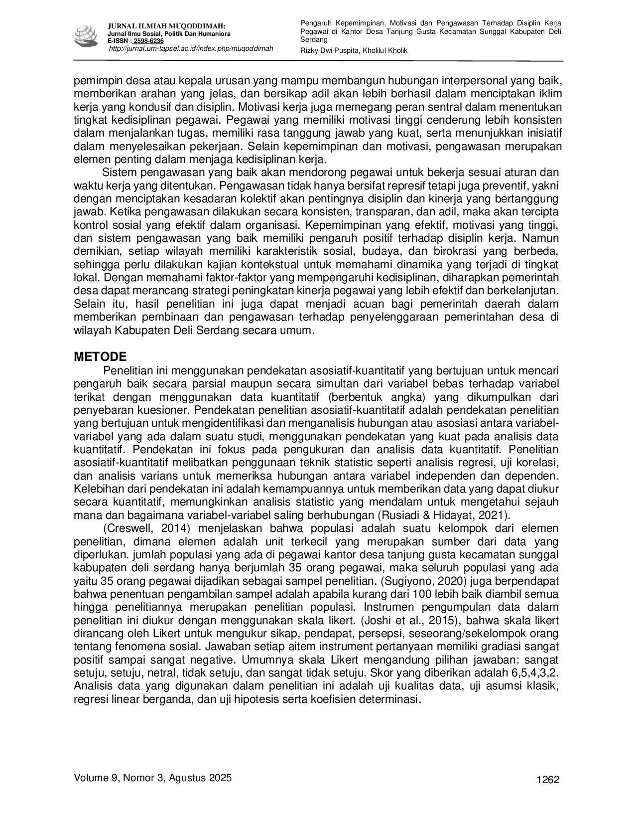 JURIS Pengaruh Kepemimpinan Motivasi dan Pengawasan Terhadap Disiplin Kerja Pegawai di Kantor Desa Tanjung Gusta Kecamatan Sunggal Kabupaten Deli Serdang