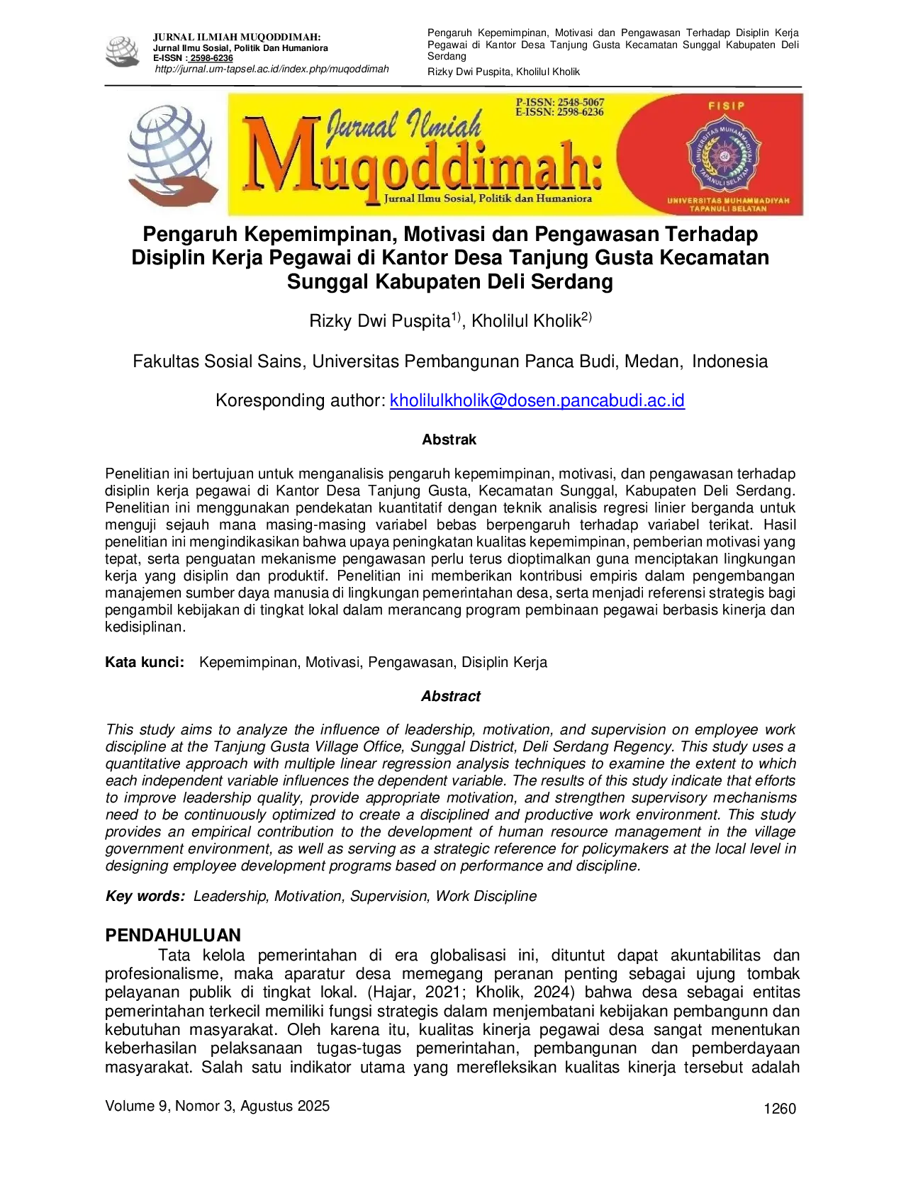 JURIS Pengaruh Kepemimpinan Motivasi dan Pengawasan Terhadap Disiplin Kerja Pegawai di Kantor Desa Tanjung Gusta Kecamatan Sunggal Kabupaten Deli Serdang