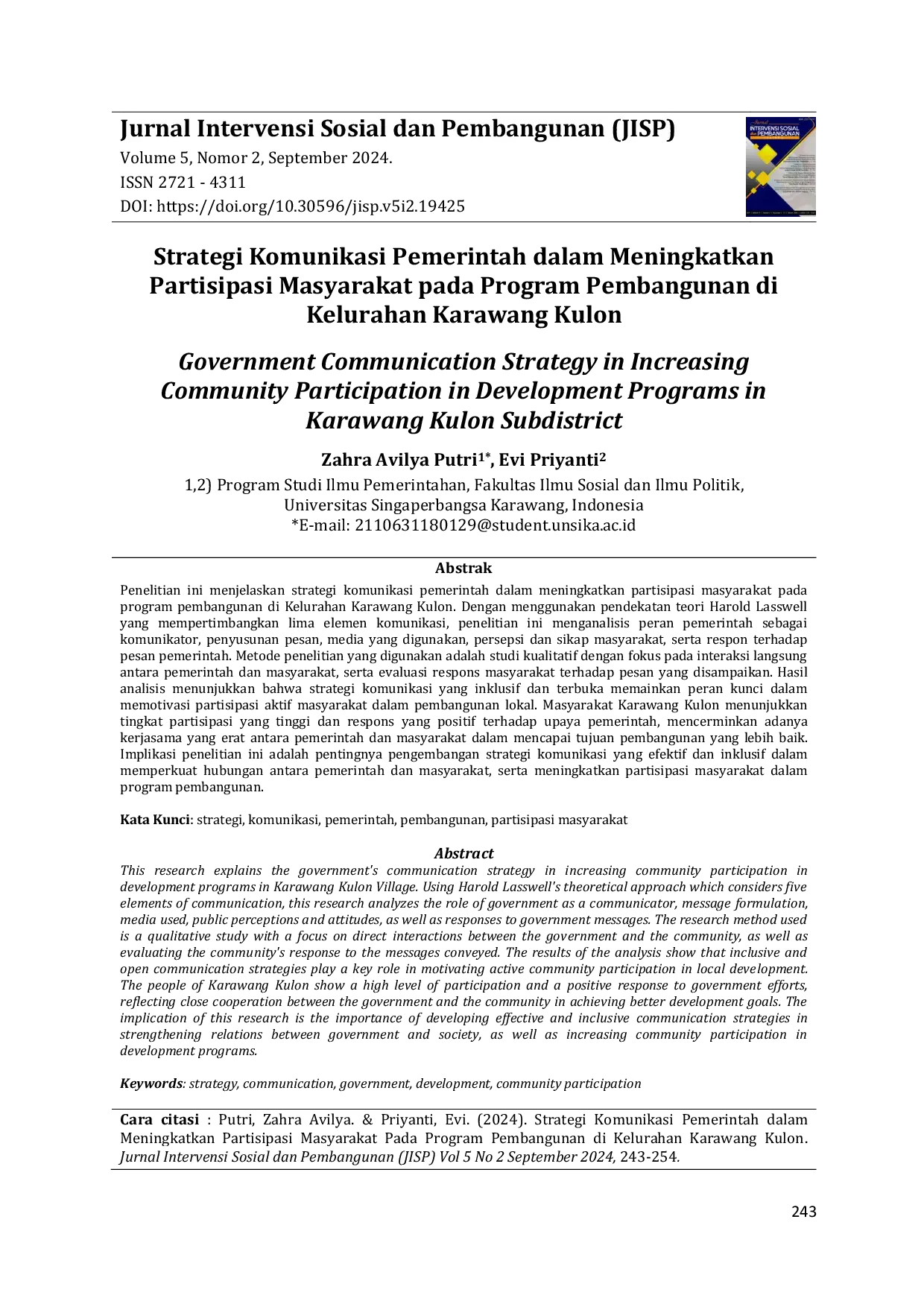 JURIS Strategi Komunikasi Pemerintah Dalam Meningkatkan Partisipasi Masyarakat Pada Program Pembangunan di Kelurahan Karawang Kulon