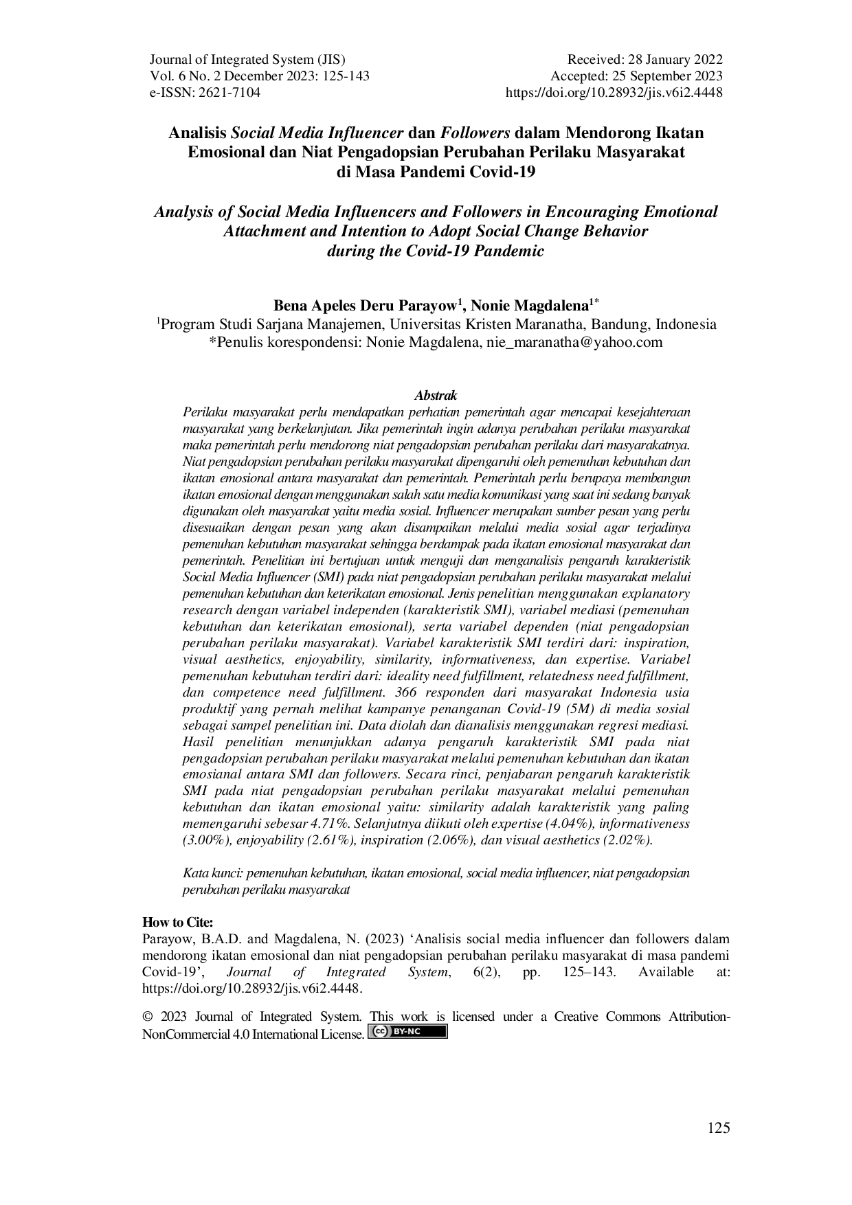 JURIS Analisis Social Media Influencer dan Followers dalam Mendorong Ikatan Emosional dan Niat Pengadopsian Perubahan Perilaku Masyarakat di Masa Pandemi Covid 19