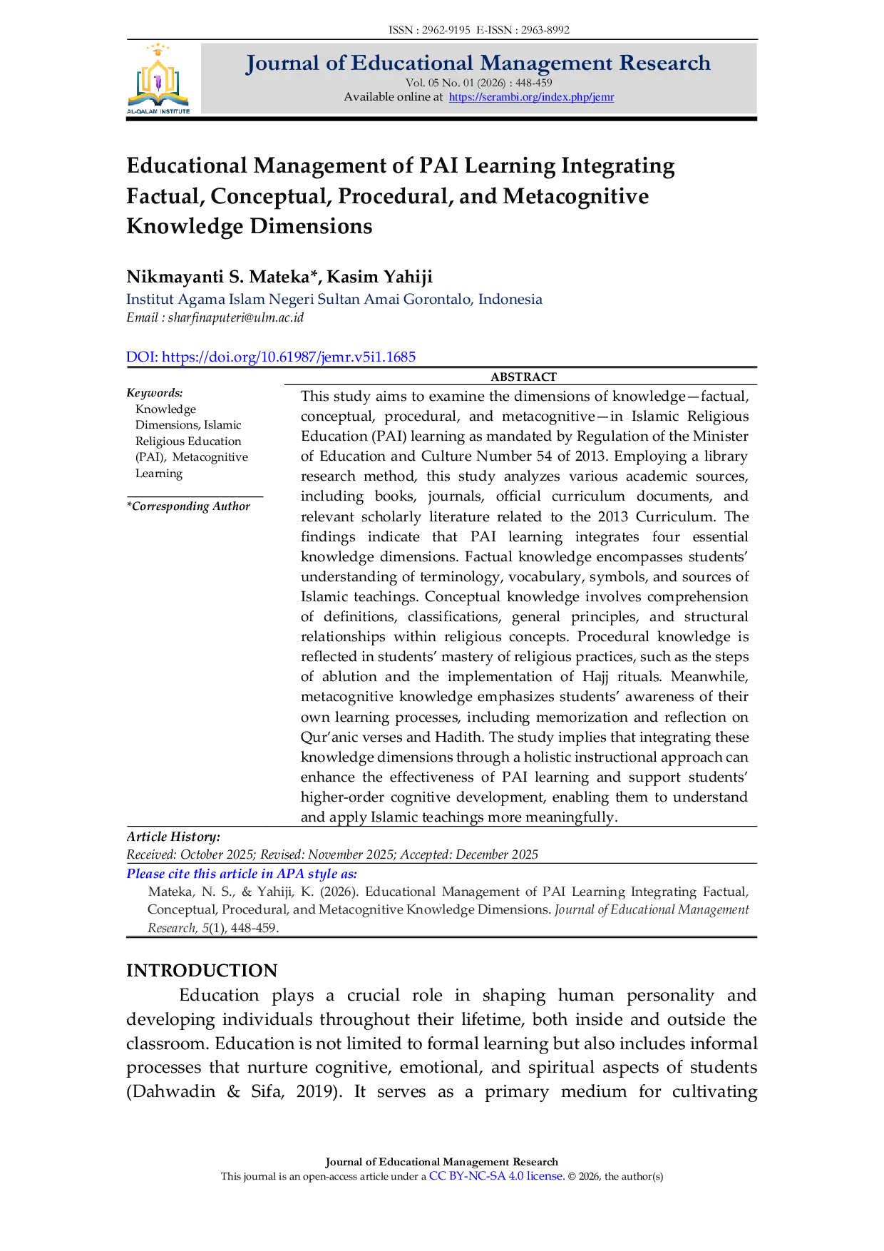 JURIS Educational Management of PAI Learning Integrating Factual Conceptual Procedural and Metacognitive Knowledge Dimensions