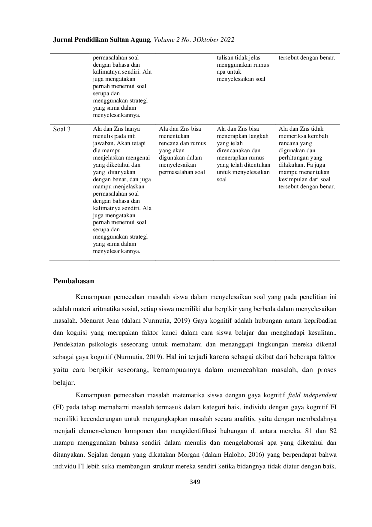 JURIS Kemampuan Pemecahan Masalah Matematika Siswa Kelas VII Ditinjau dari Gaya Kognitif Field Independent dan Field Dependent pada Materi Aritmatika Sosial