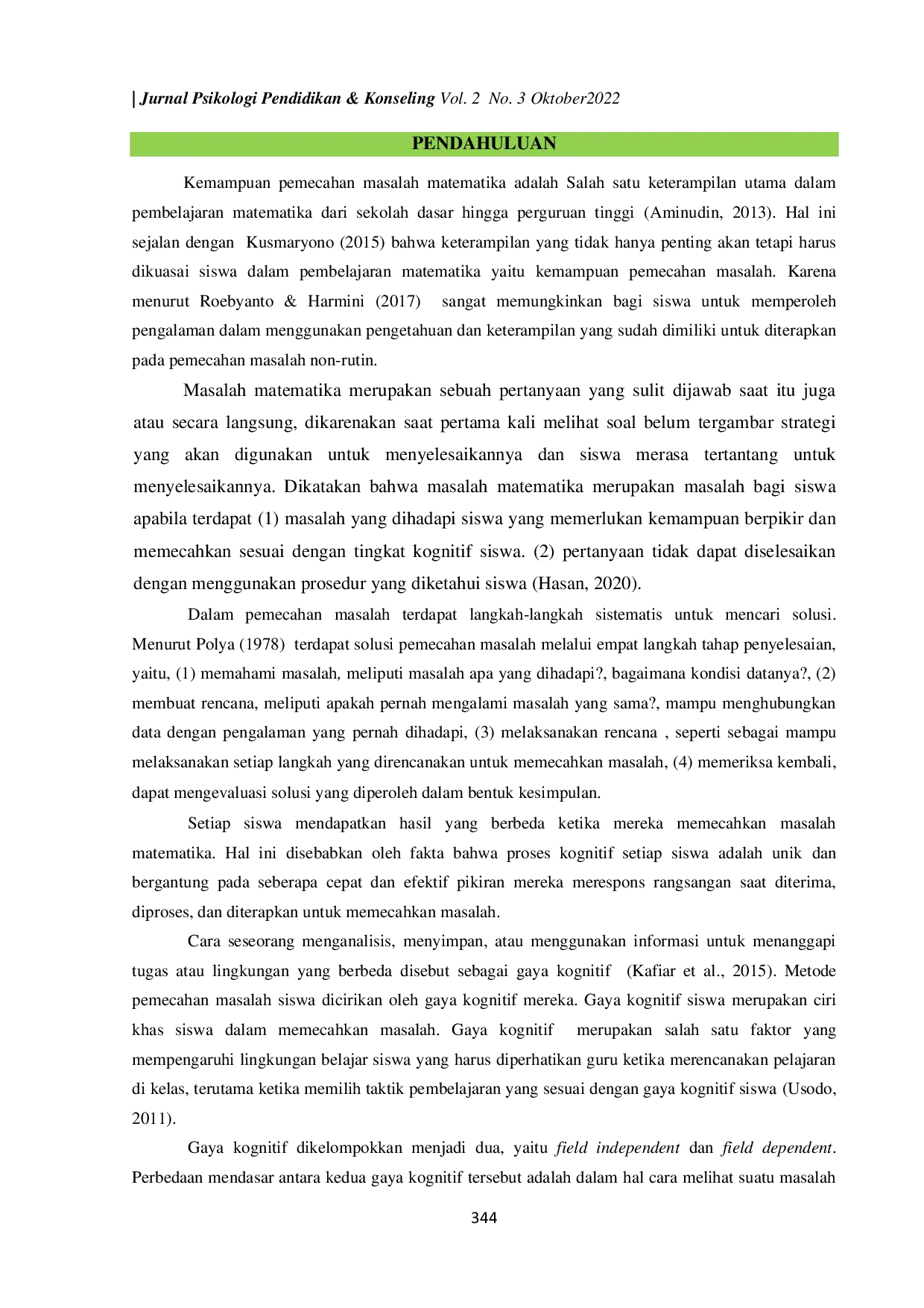 JURIS Kemampuan Pemecahan Masalah Matematika Siswa Kelas VII Ditinjau dari Gaya Kognitif Field Independent dan Field Dependent pada Materi Aritmatika Sosial