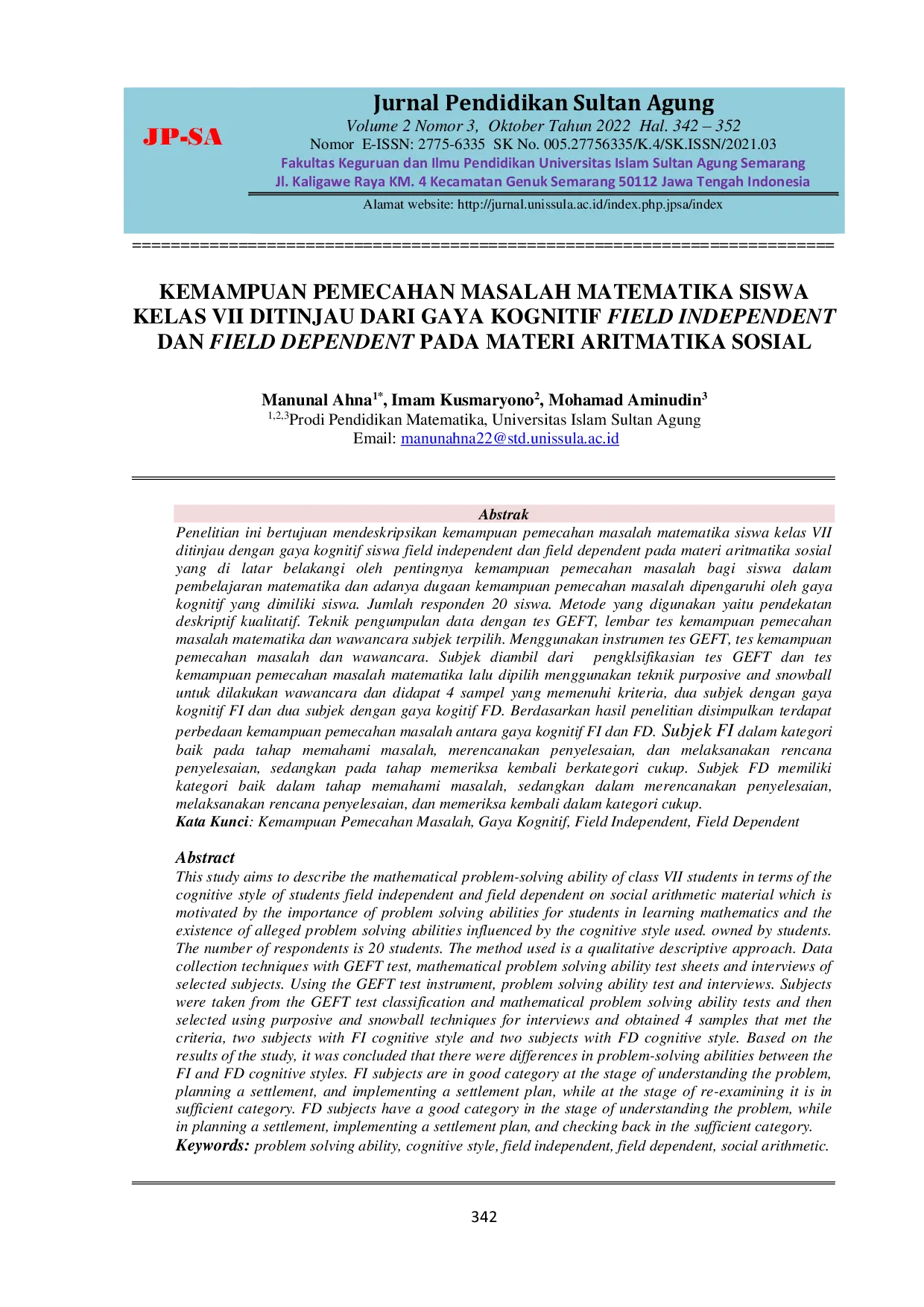 JURIS Kemampuan Pemecahan Masalah Matematika Siswa Kelas VII Ditinjau dari Gaya Kognitif Field Independent dan Field Dependent pada Materi Aritmatika Sosial