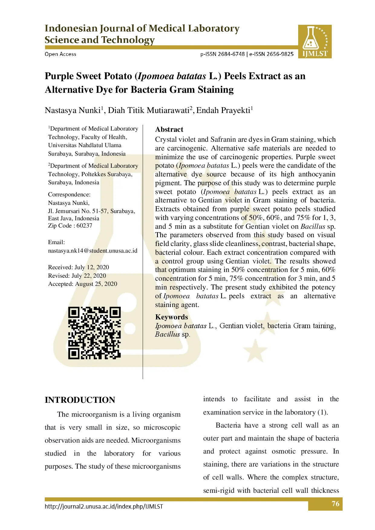 juris PURPLE SWEET POTATO Ipomoea batatas L PEELS EXTRACT AS AN ALTERNATIVE DYE FOR BACTERIA GRAM STAINING