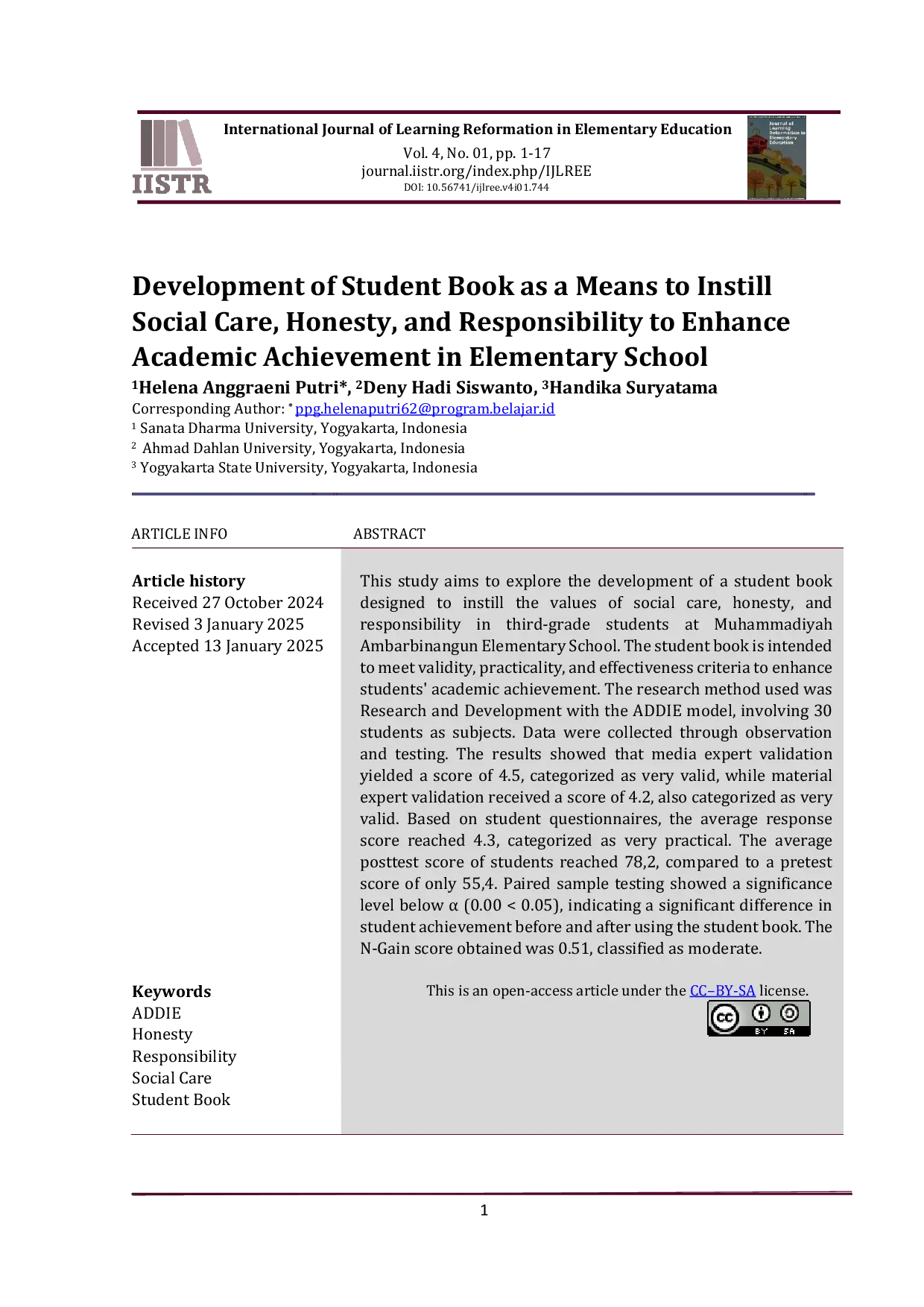 JURIS Development of Student Book as a Means to Instill Social Care Honesty and Responsibility to Enhance Academic Achievement in Elementary School