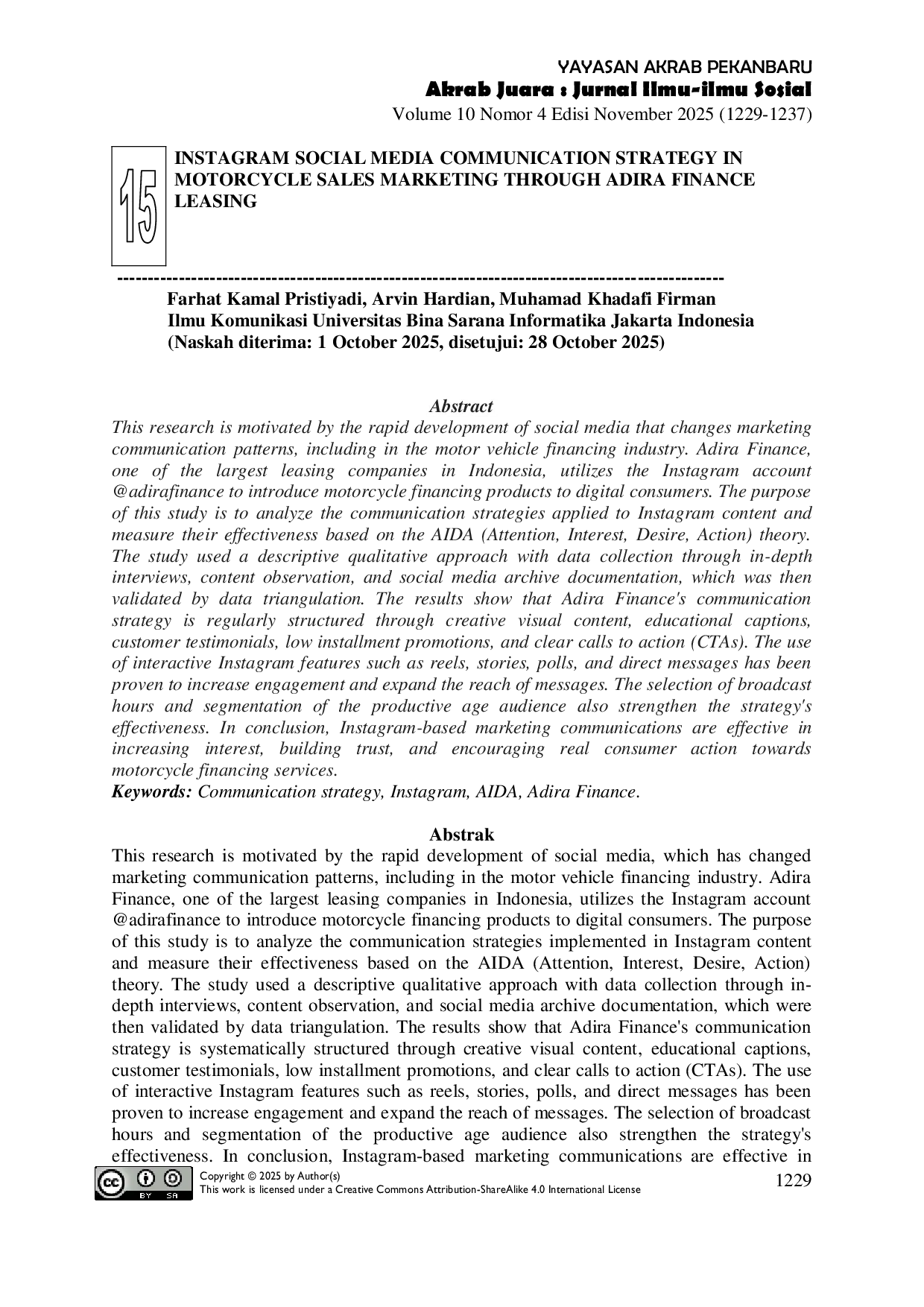 JURIS Instagam Social Media Communication Strategy In Motorcycle Sales Marketing Through Adira Finance Leasing