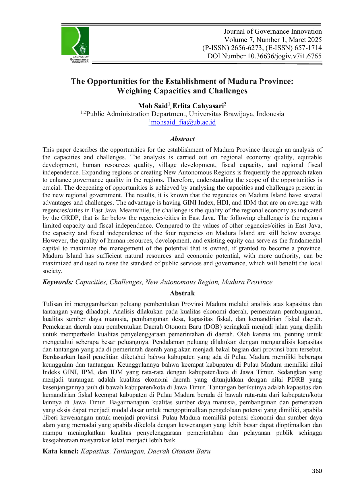 JURIS The Opportunities for the Establishment of Madura Province Weighing Capacities and Challenges