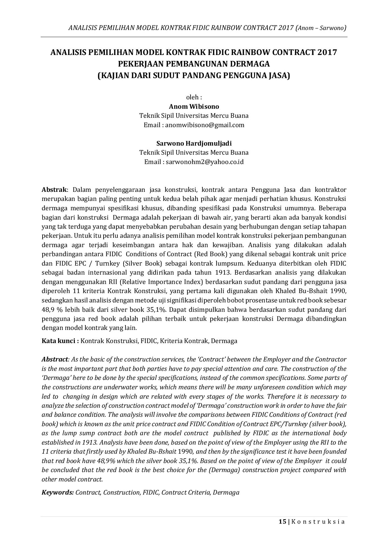 JURIS Analysis of the Selection of FIDIC Rainbow Contract 2017 Model Anom Sarwono