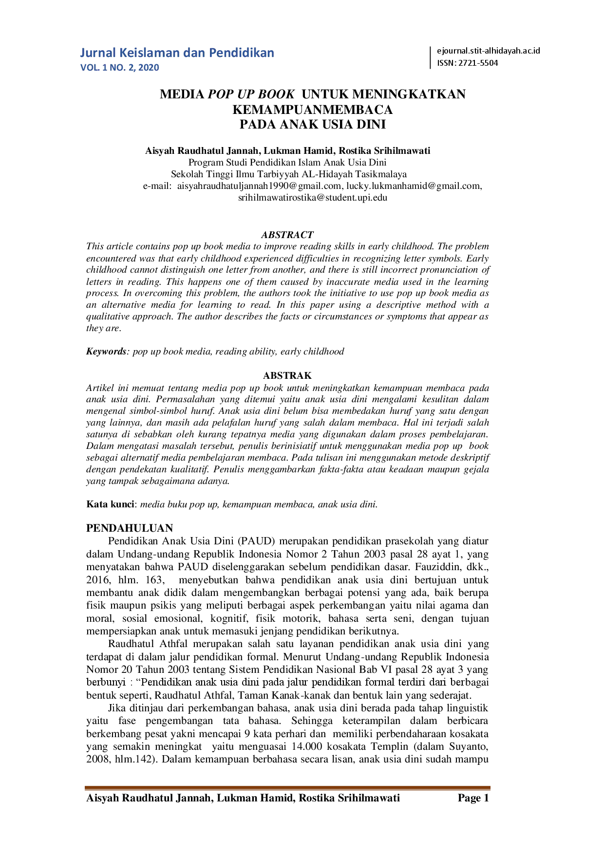 juris Media Pop Up Book Untuk Meningkatkan Kemampuan Membaca Pada Anak Usia Dini