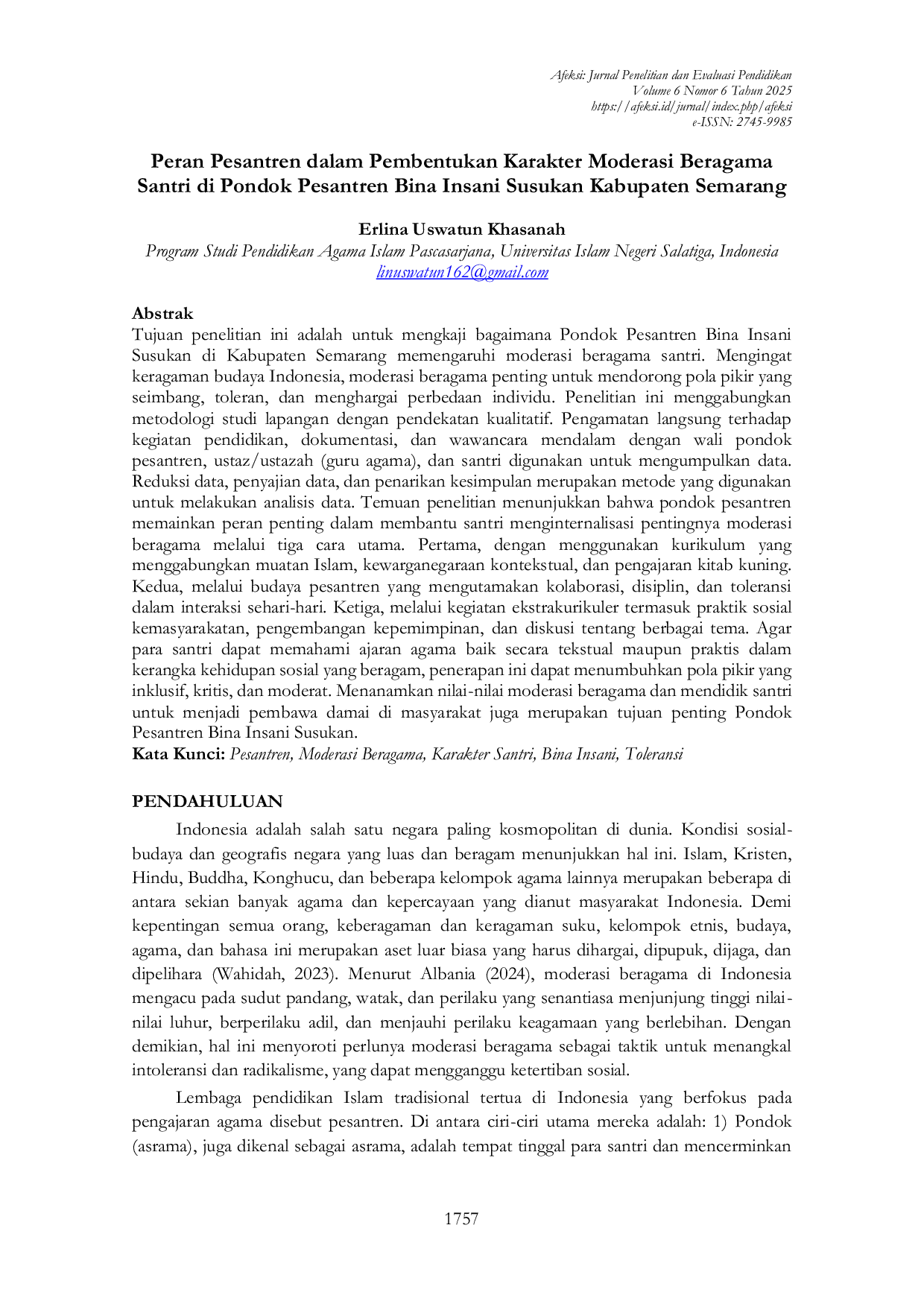 JURIS Peran Pesantren dalam Pembentukan Karakter Moderasi Beragama Santri di Pondok Pesantren Bina Insani Susukan Kabupaten Semarang